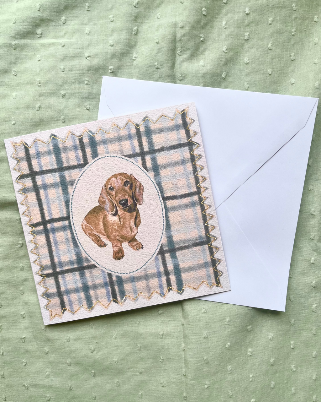 "Powder Plaid" Miniature Red Smooth-Haired Dachshund Greeting Card