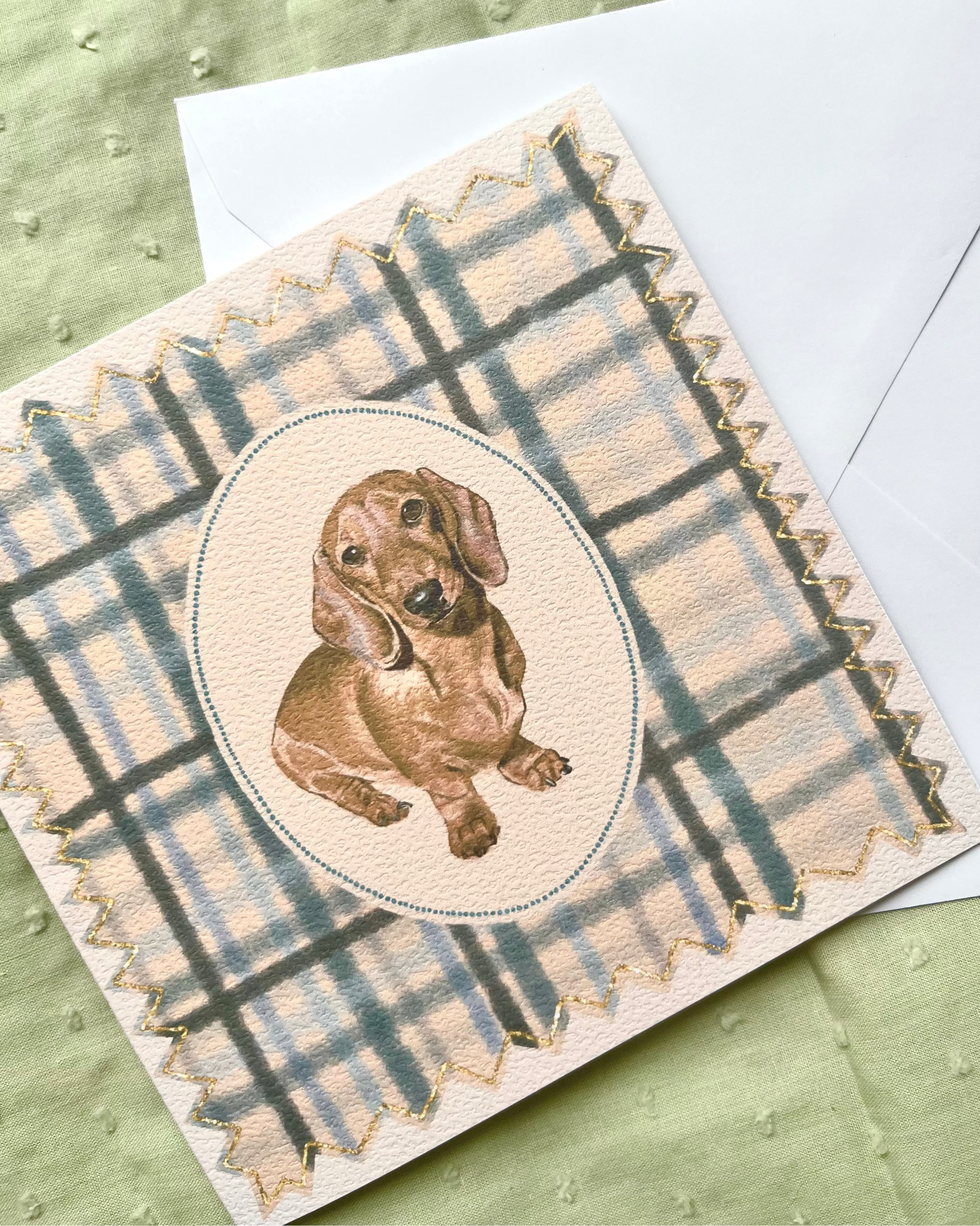 "Powder Plaid" Miniature Red Smooth-Haired Dachshund Greeting Card