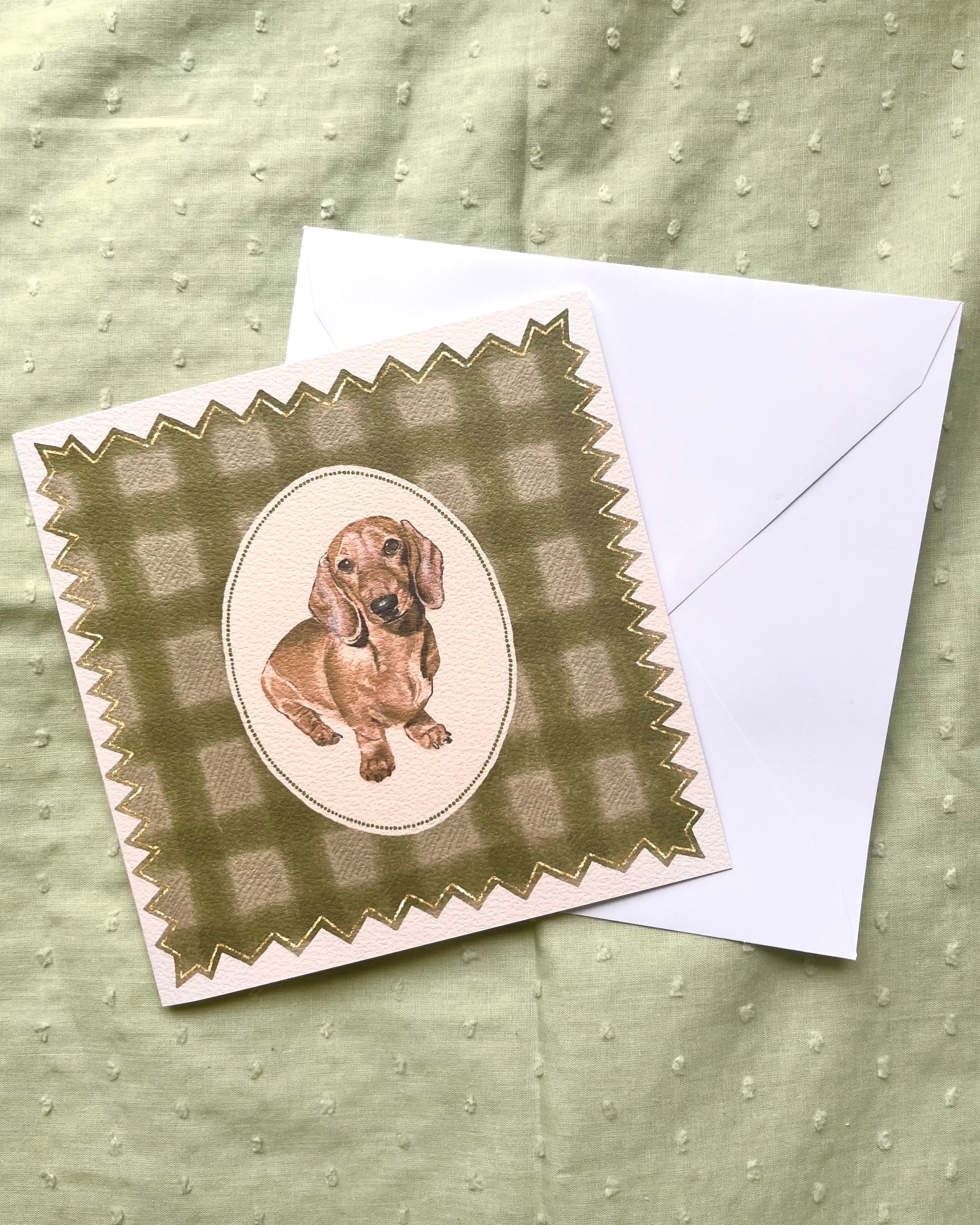 "Olive Gingham" Miniature Red Smooth-Haired Dachshund Greeting Card