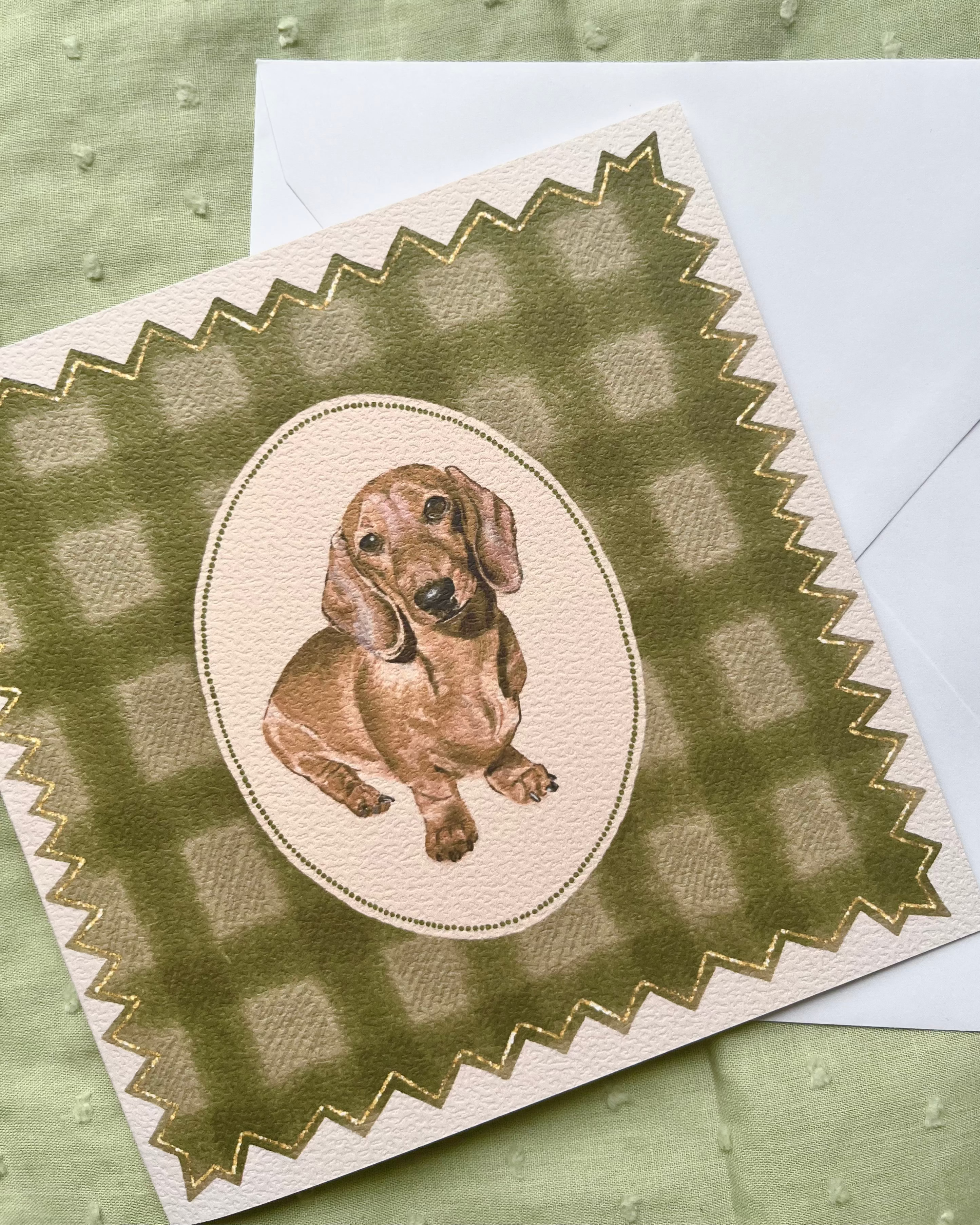 "Olive Gingham" Miniature Red Smooth-Haired Dachshund Greeting Card