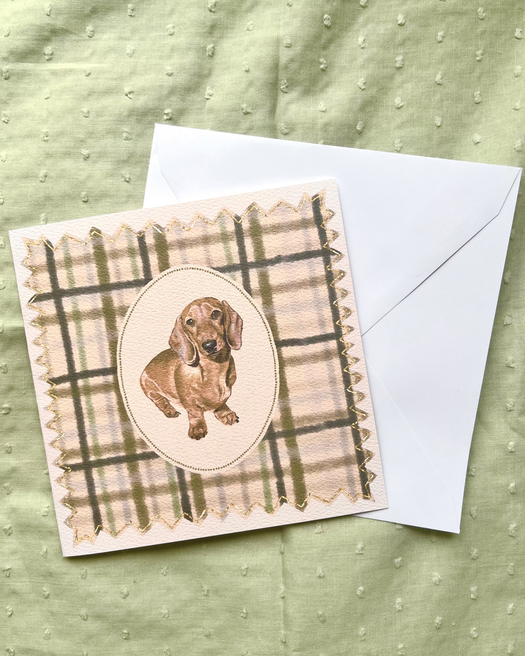 "Olive Plaid" Miniature Red Smooth-Haired Dachshund Greeting Card