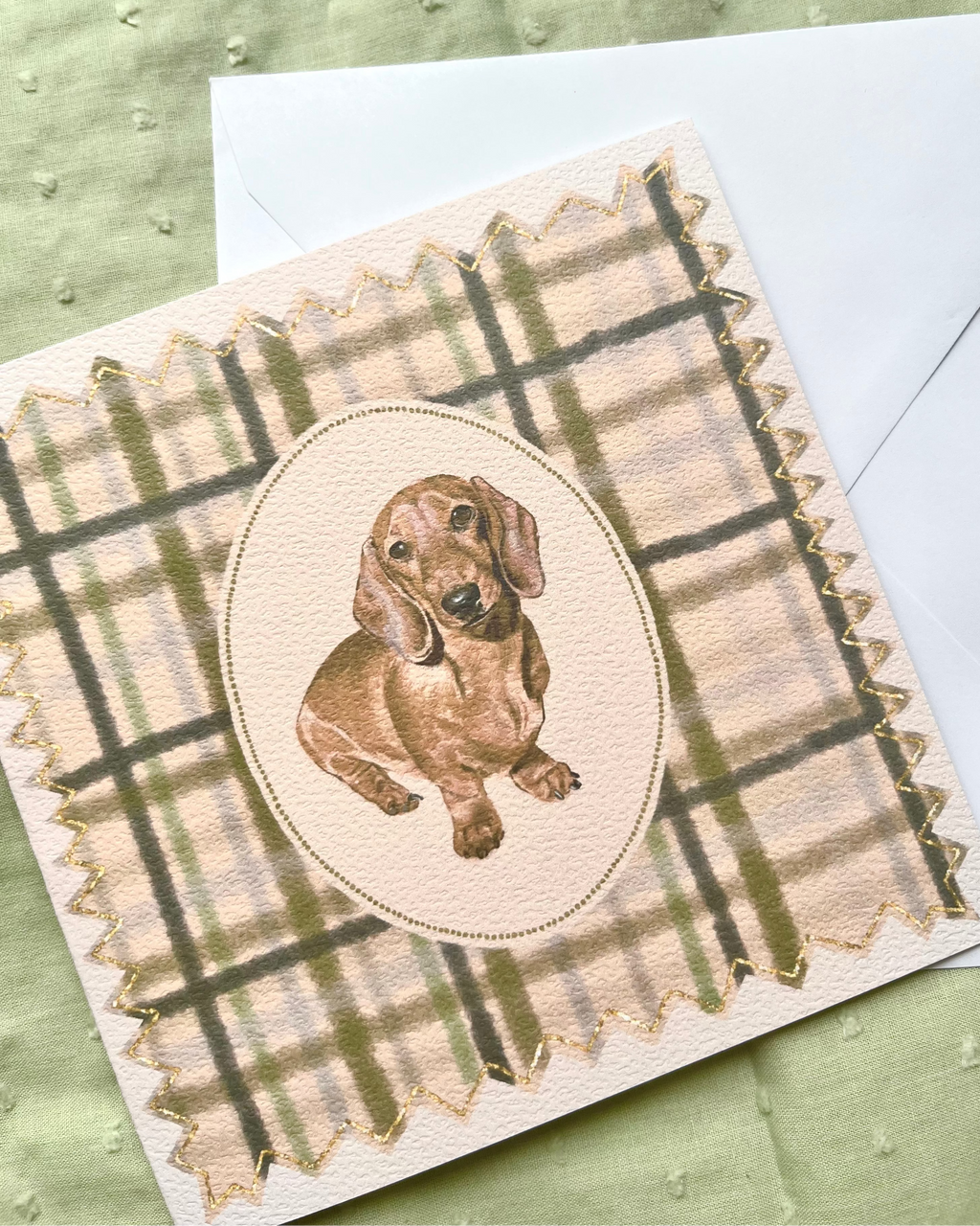 "Olive Plaid" Miniature Red Smooth-Haired Dachshund Greeting Card