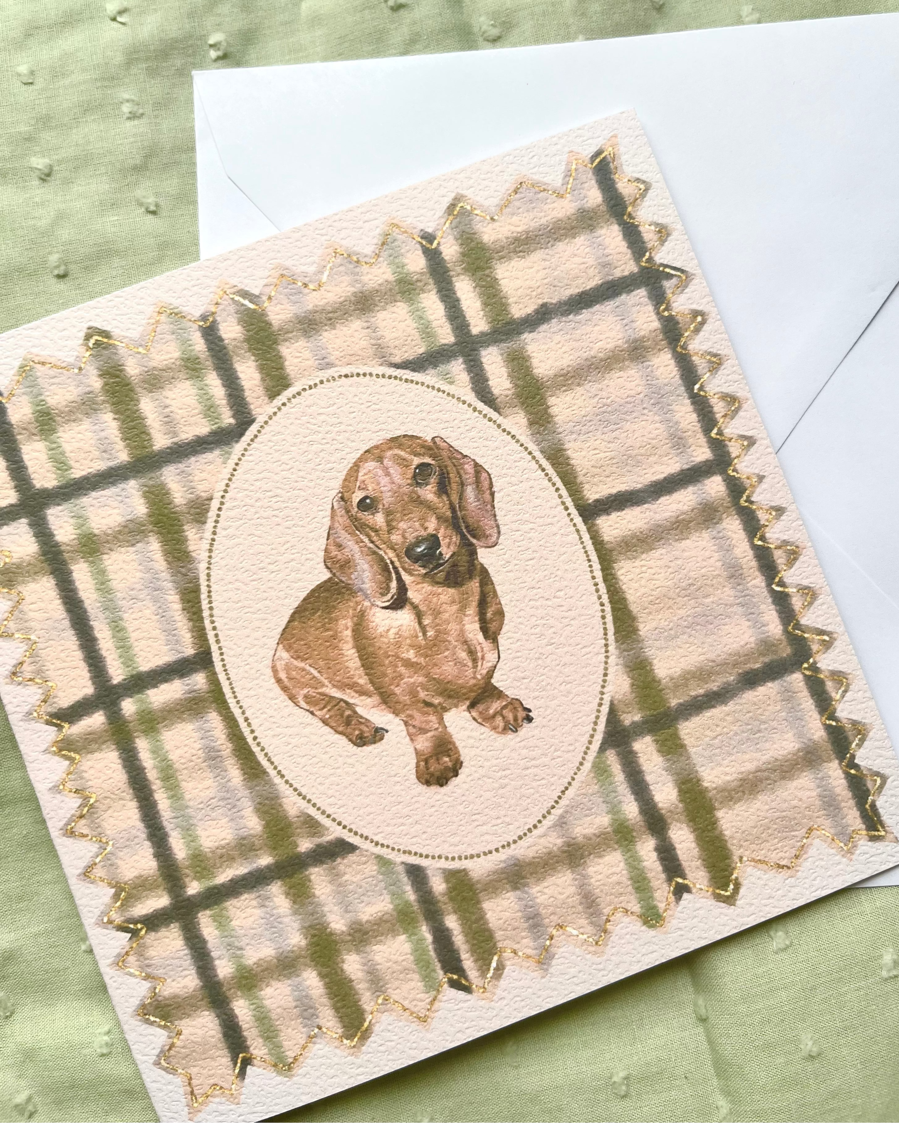 "Olive Plaid" Miniature Red Smooth-Haired Dachshund Greeting Card