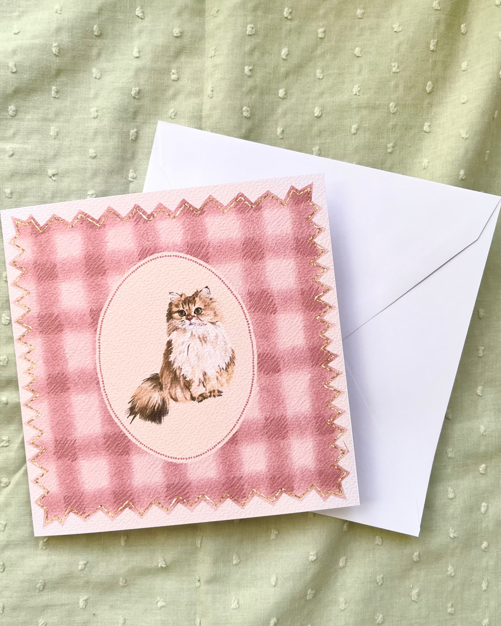 "Rose Gingham" Golden Chinchilla Persian Cat Greeting Card