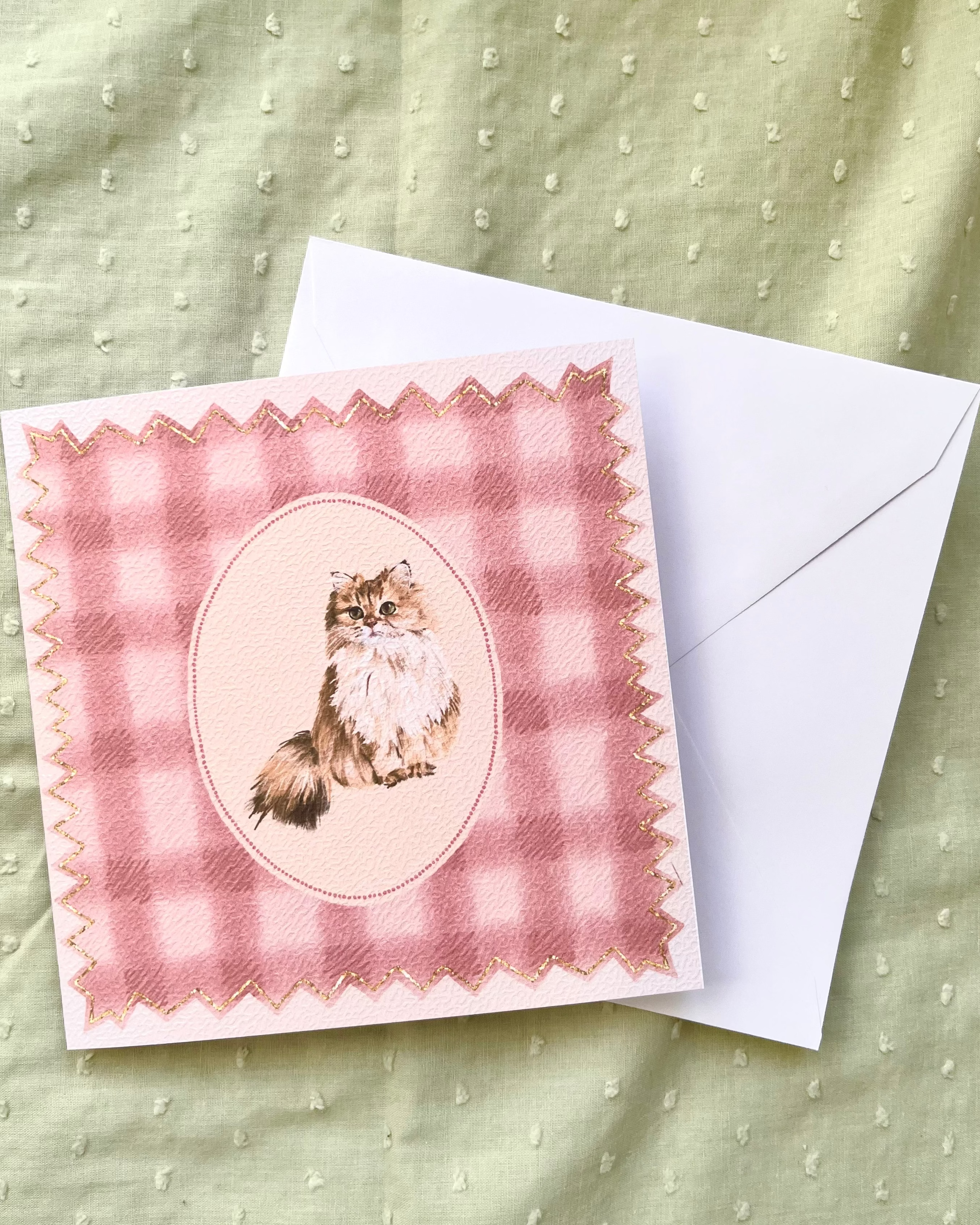 "Rose Gingham" Golden Chinchilla Persian Cat Greeting Card