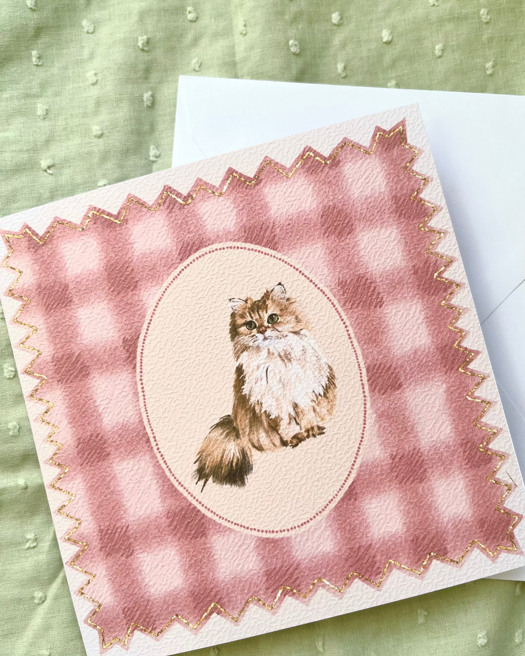 "Rose Gingham" Golden Chinchilla Persian Cat Greeting Card