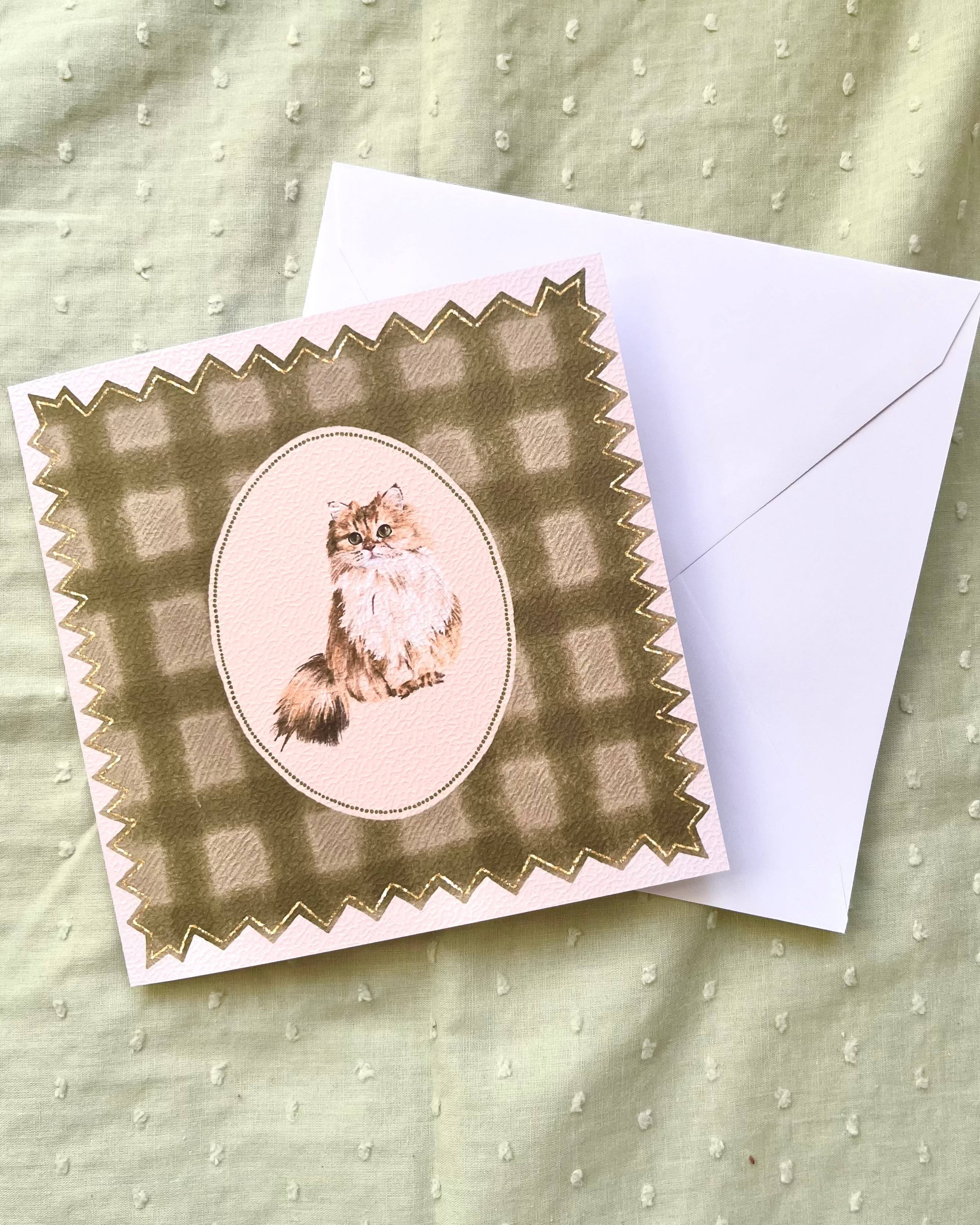 "Olive Gingham" Golden Chinchilla Persian Cat Greeting Card
