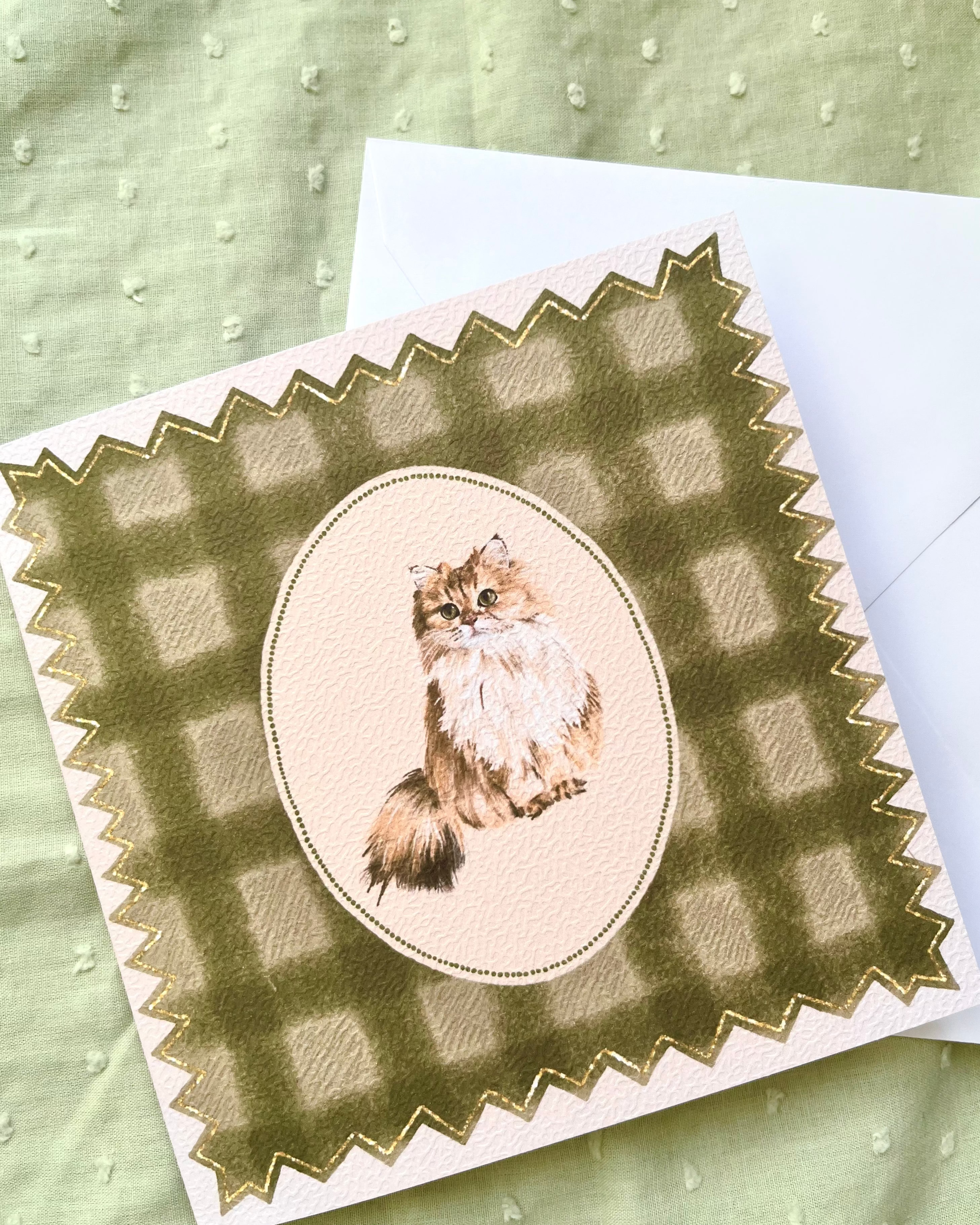"Olive Gingham" Golden Chinchilla Persian Cat Greeting Card
