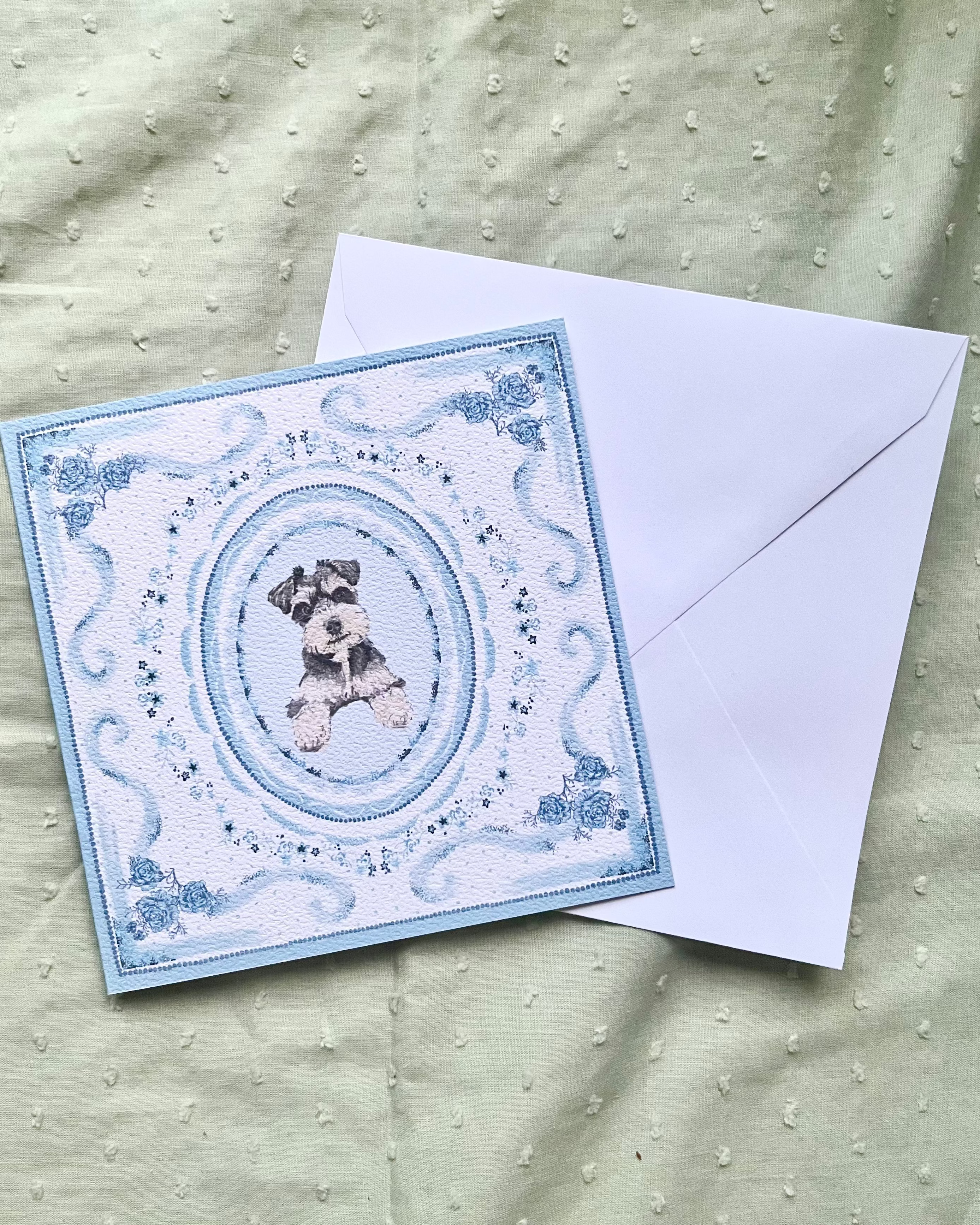 "Azure Porcelain" Miniature Salt & Pepper Schnauzer Greeting Card