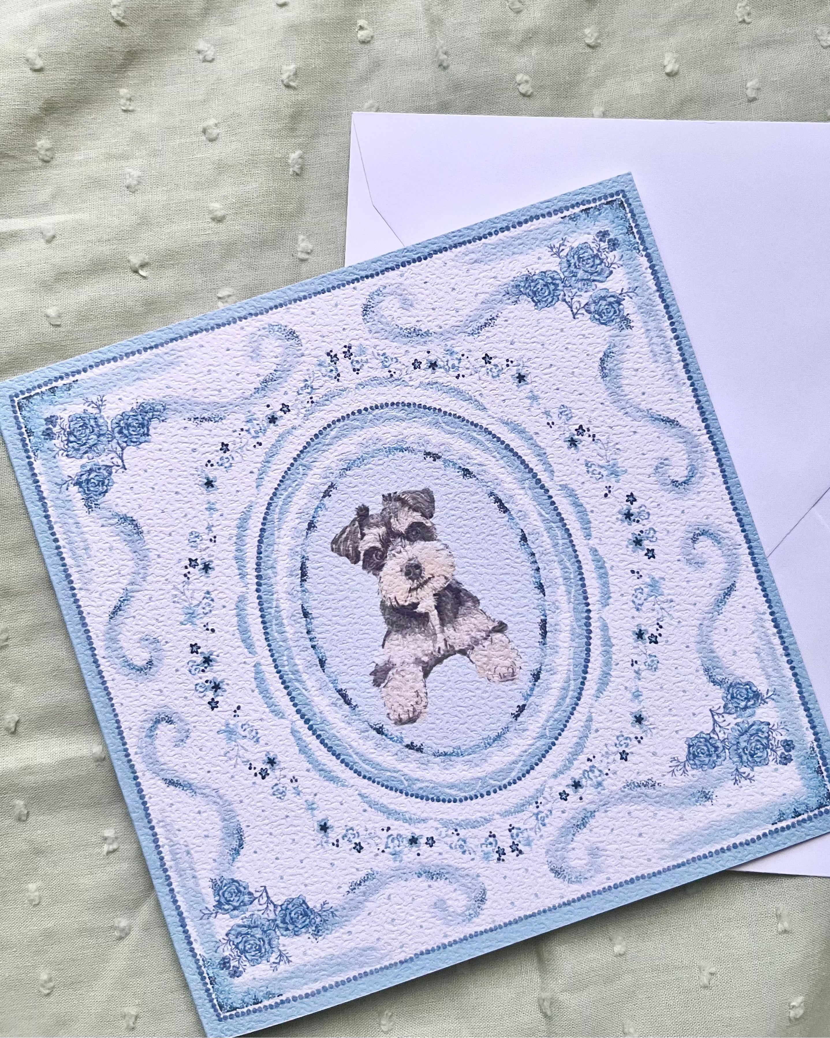 "Azure Porcelain" Miniature Salt & Pepper Schnauzer Greeting Card