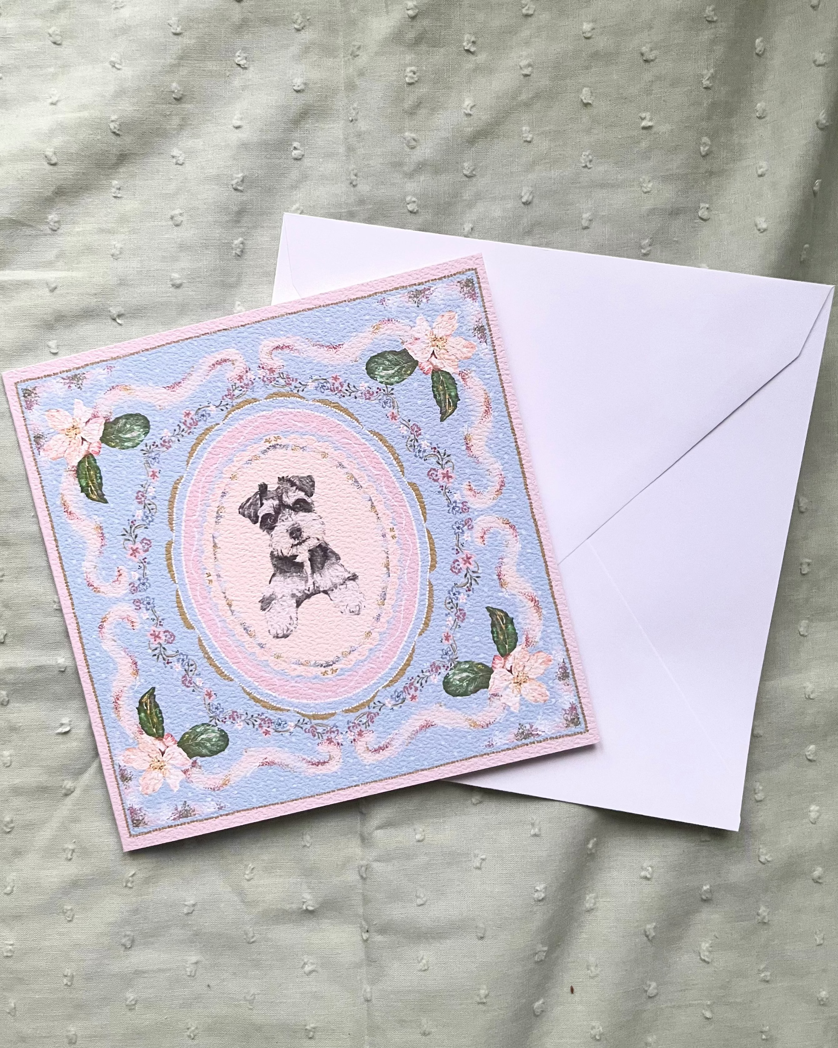 "Periwinkle Reverie" Miniature Salt & Pepper Schnauzer Greeting Card