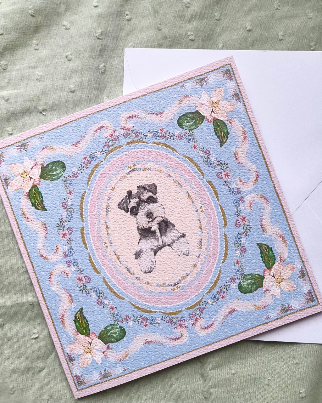 "Periwinkle Reverie" Miniature Salt & Pepper Schnauzer Greeting Card