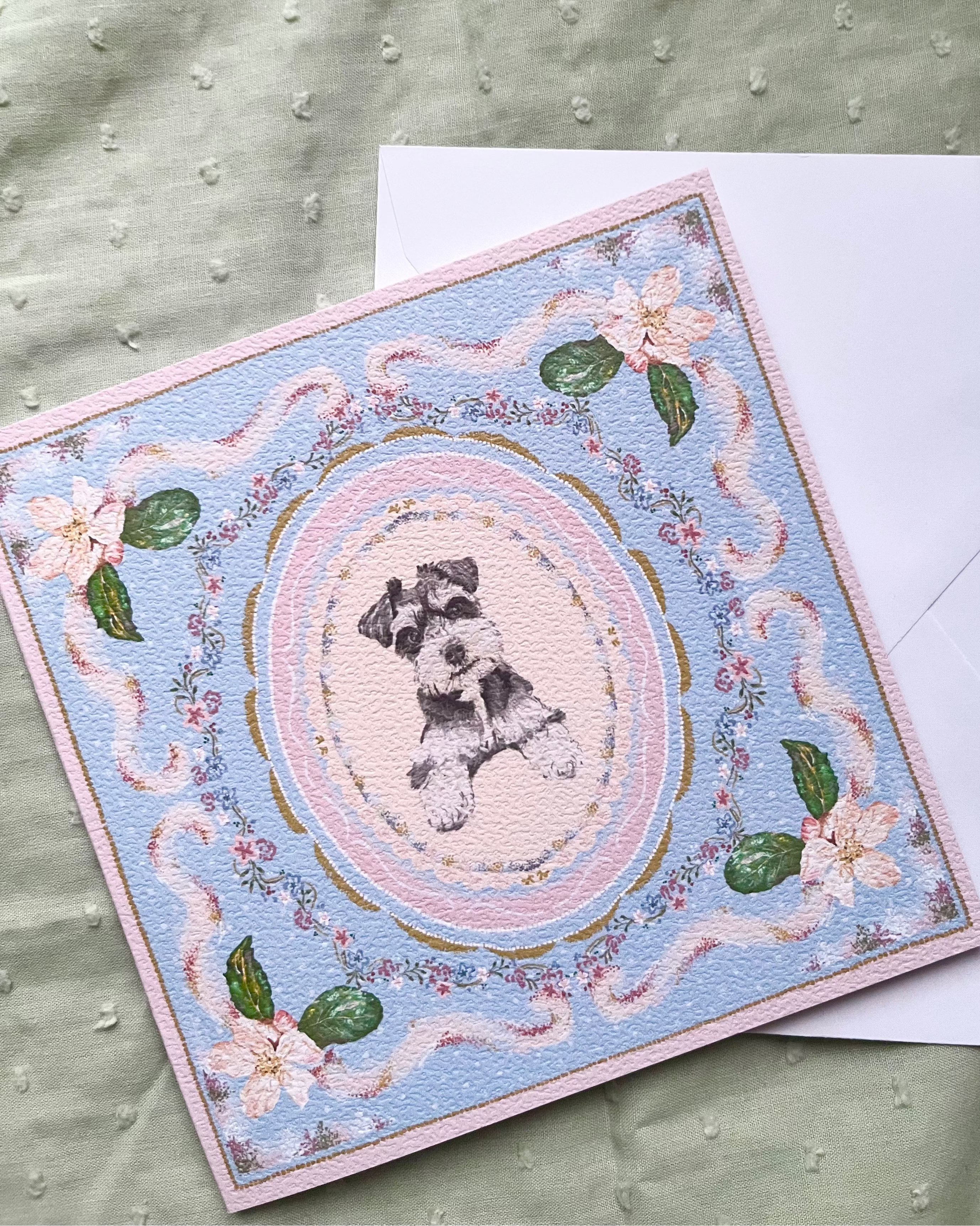 "Periwinkle Reverie" Miniature Salt & Pepper Schnauzer Greeting Card