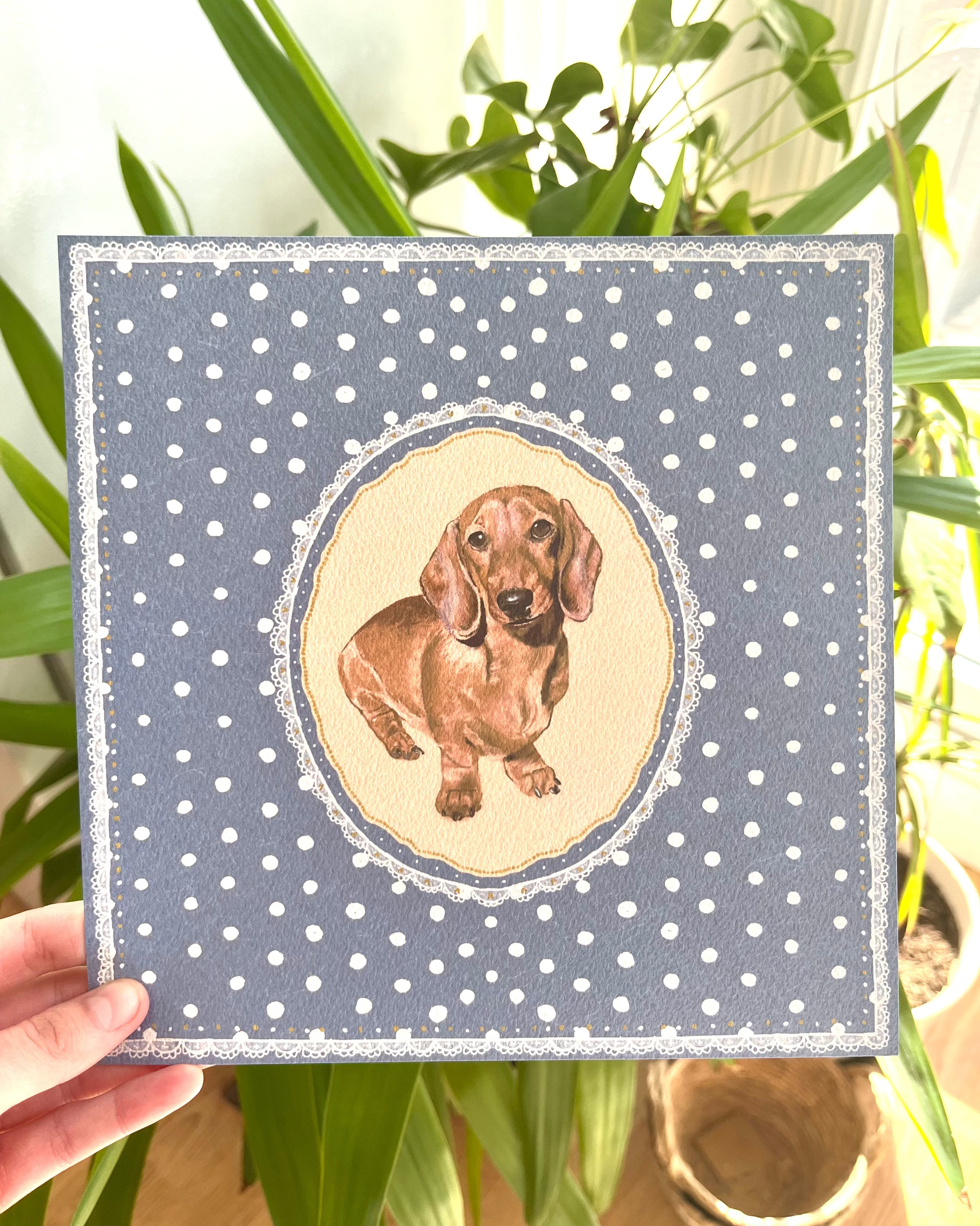 "Navy Polka Dots" Hand-Illustrated Personalised Pet Portrait Print