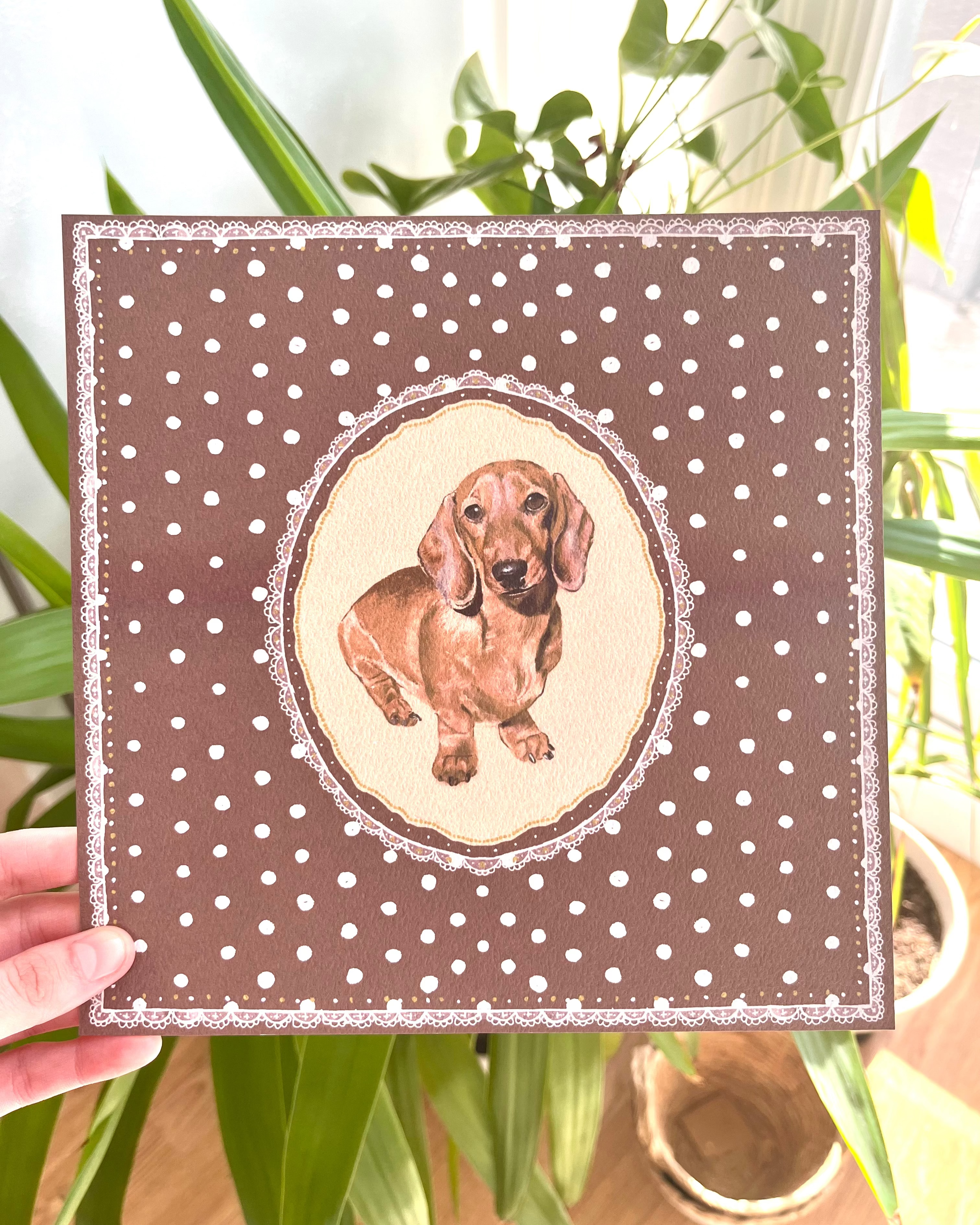 "Chocolate Polka Dots" Hand-Illustrated Personalised Pet Portrait Print