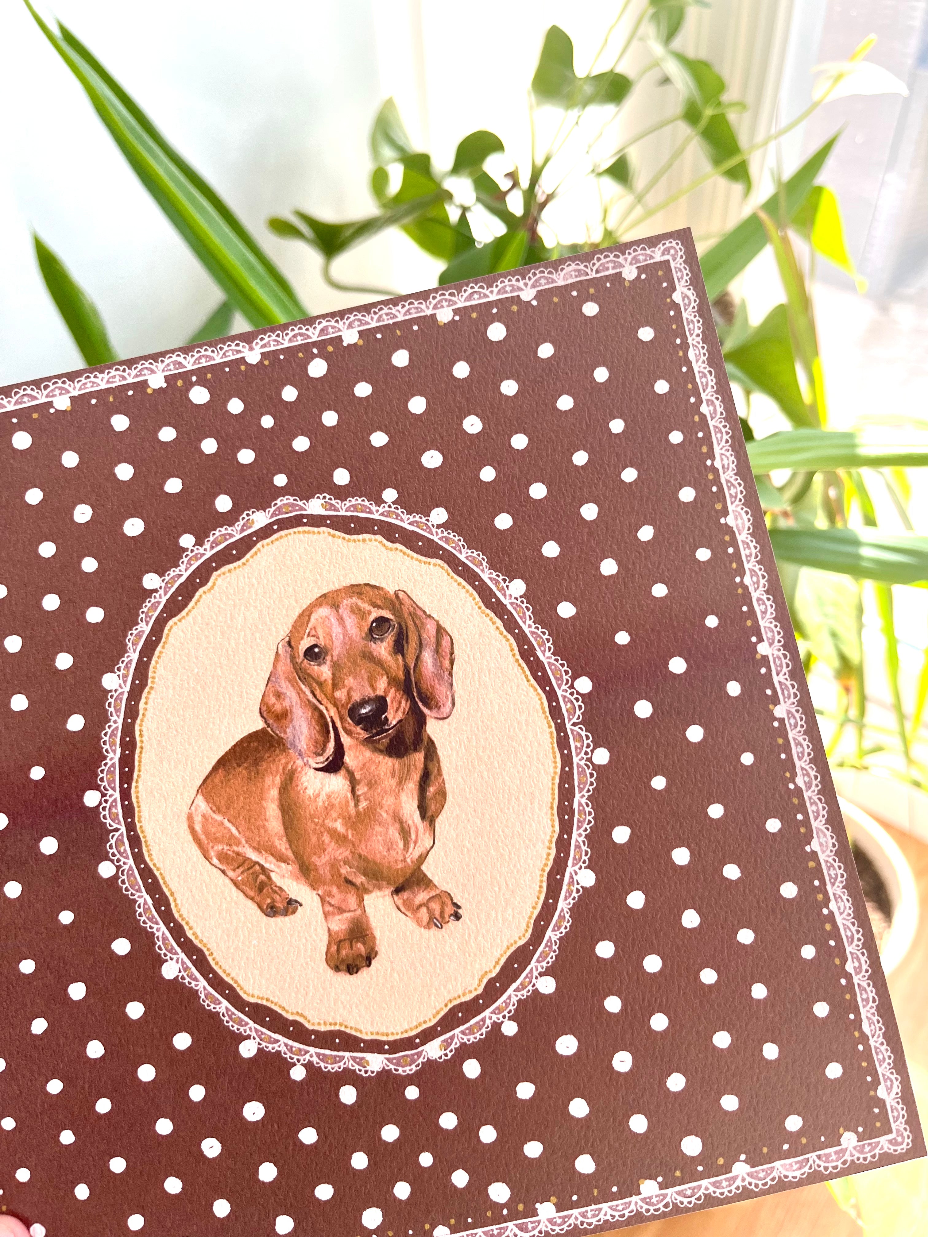 "Chocolate Polka Dots" Hand-Illustrated Personalised Pet Portrait Print