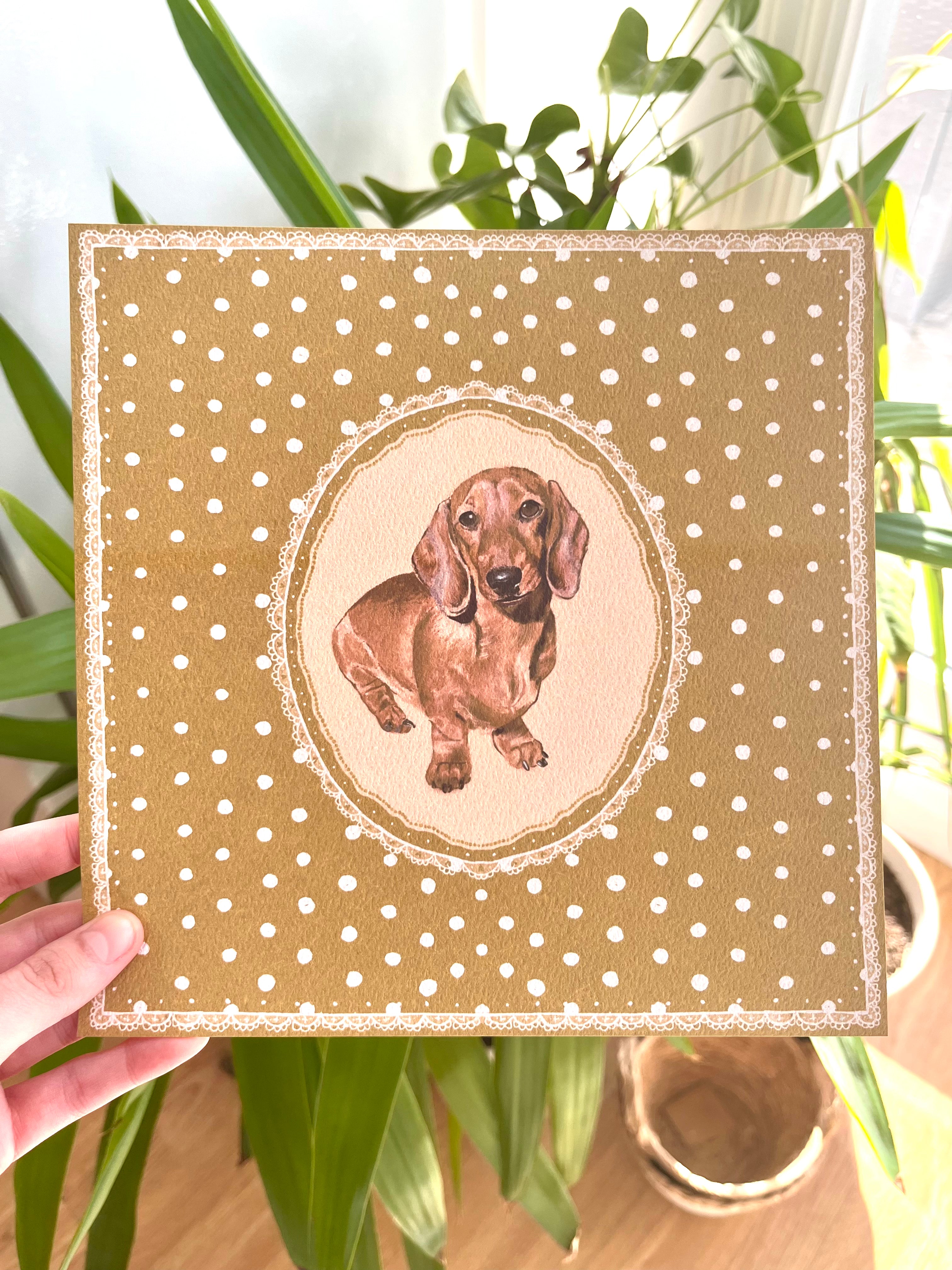 "Mustard Polka Dots" Hand-Illustrated Personalised Pet Portrait Print