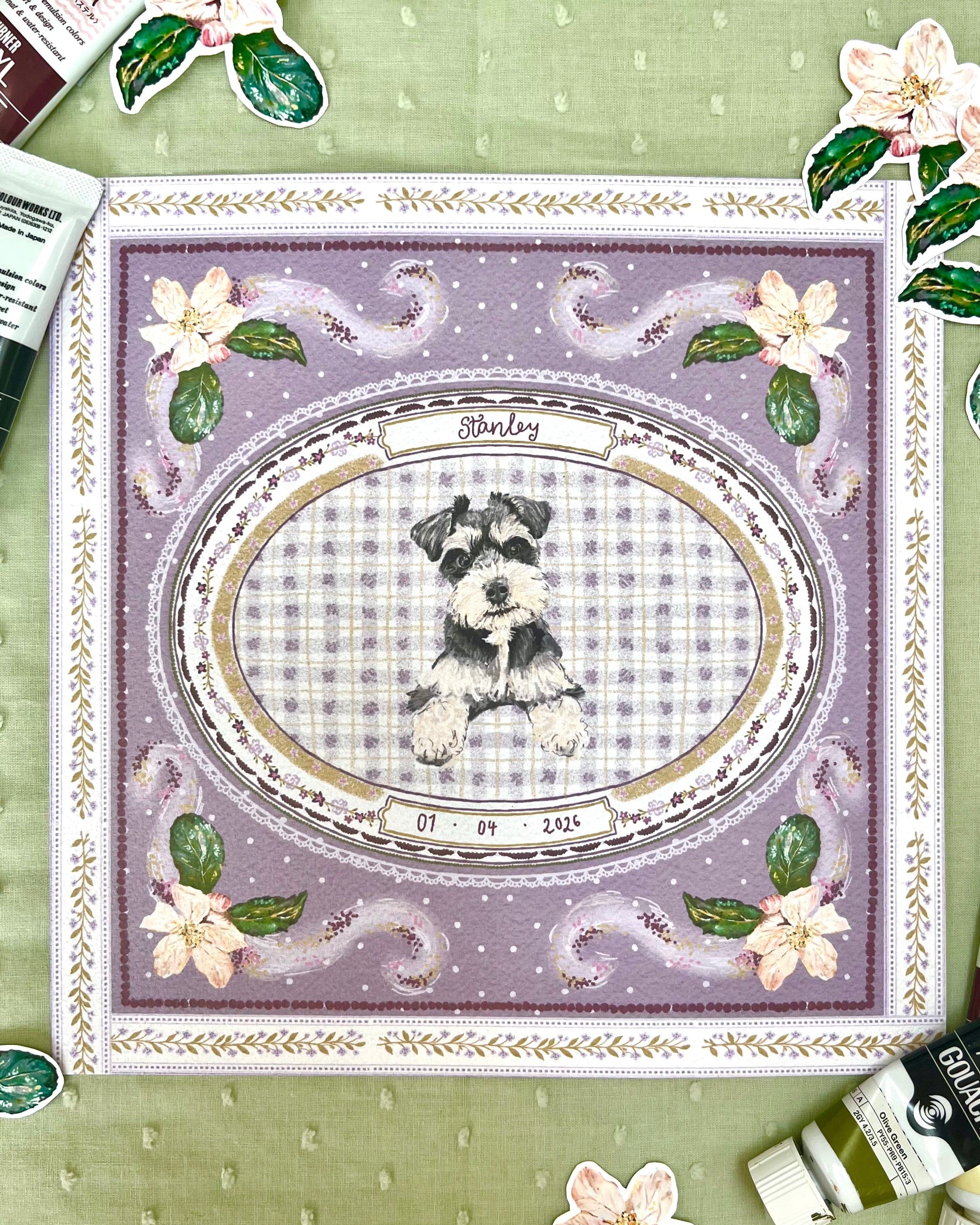 "Purple Forget-me-not" Hand-Illustrated Personalised Pet Memorial Portrait Print