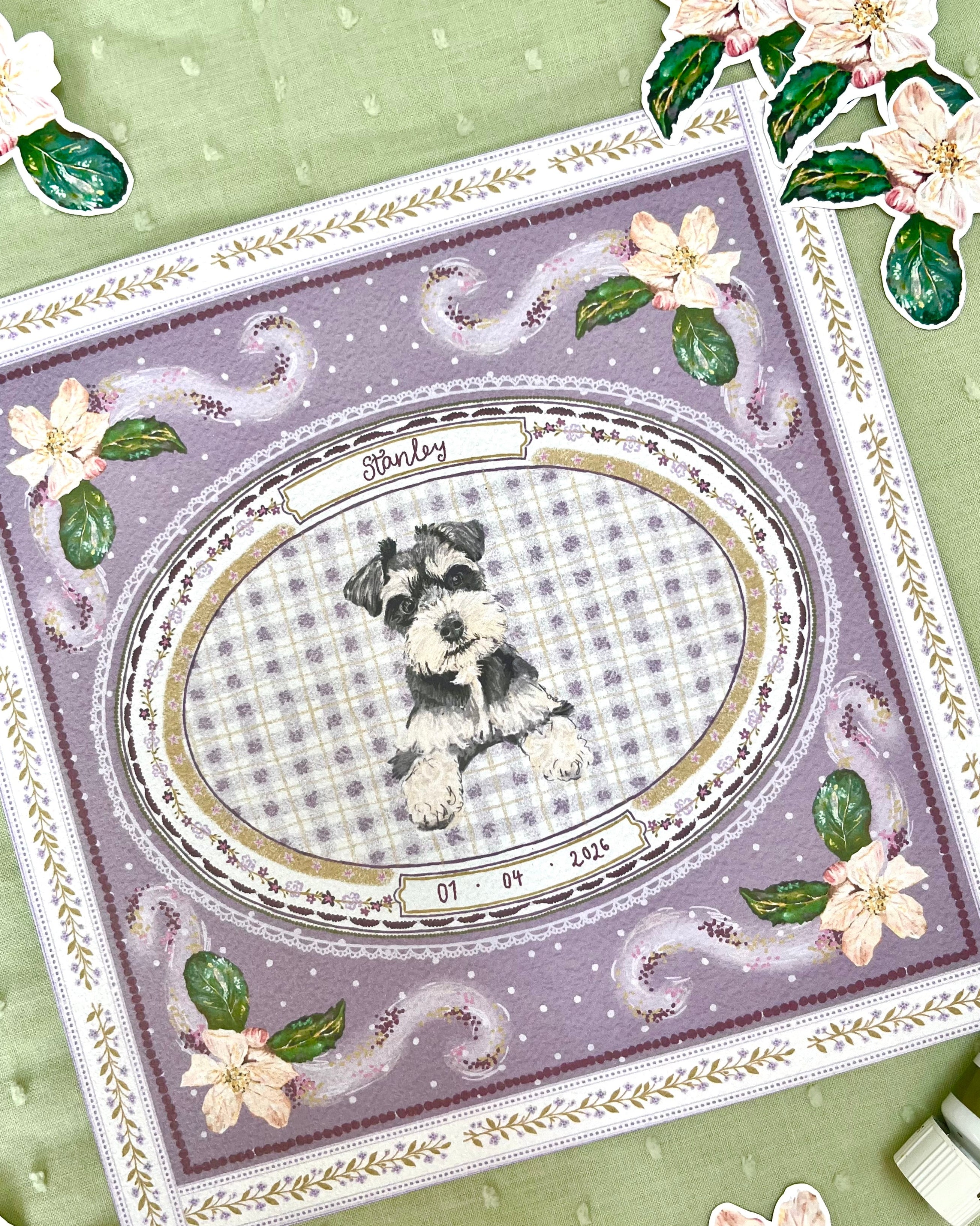 "Purple Forget-me-not" Hand-Illustrated Personalised Pet Memorial Portrait Print