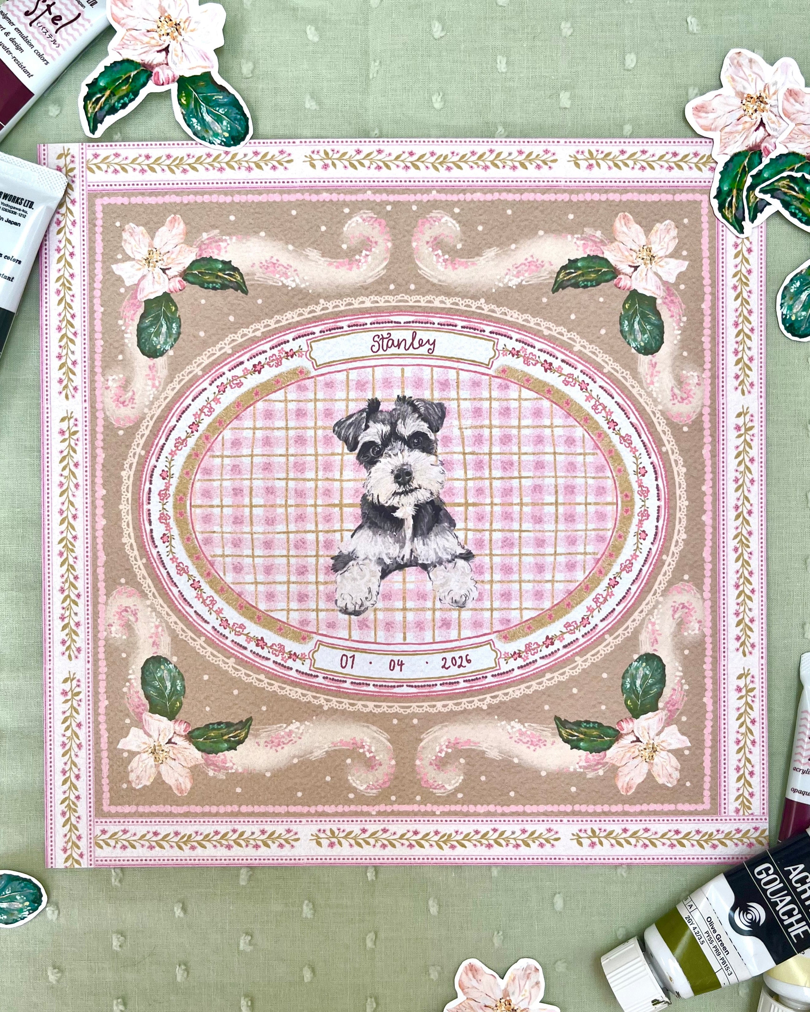 "Pink & Green Forget-me-not" Hand-Illustrated Personalised Pet Memorial Portrait Print