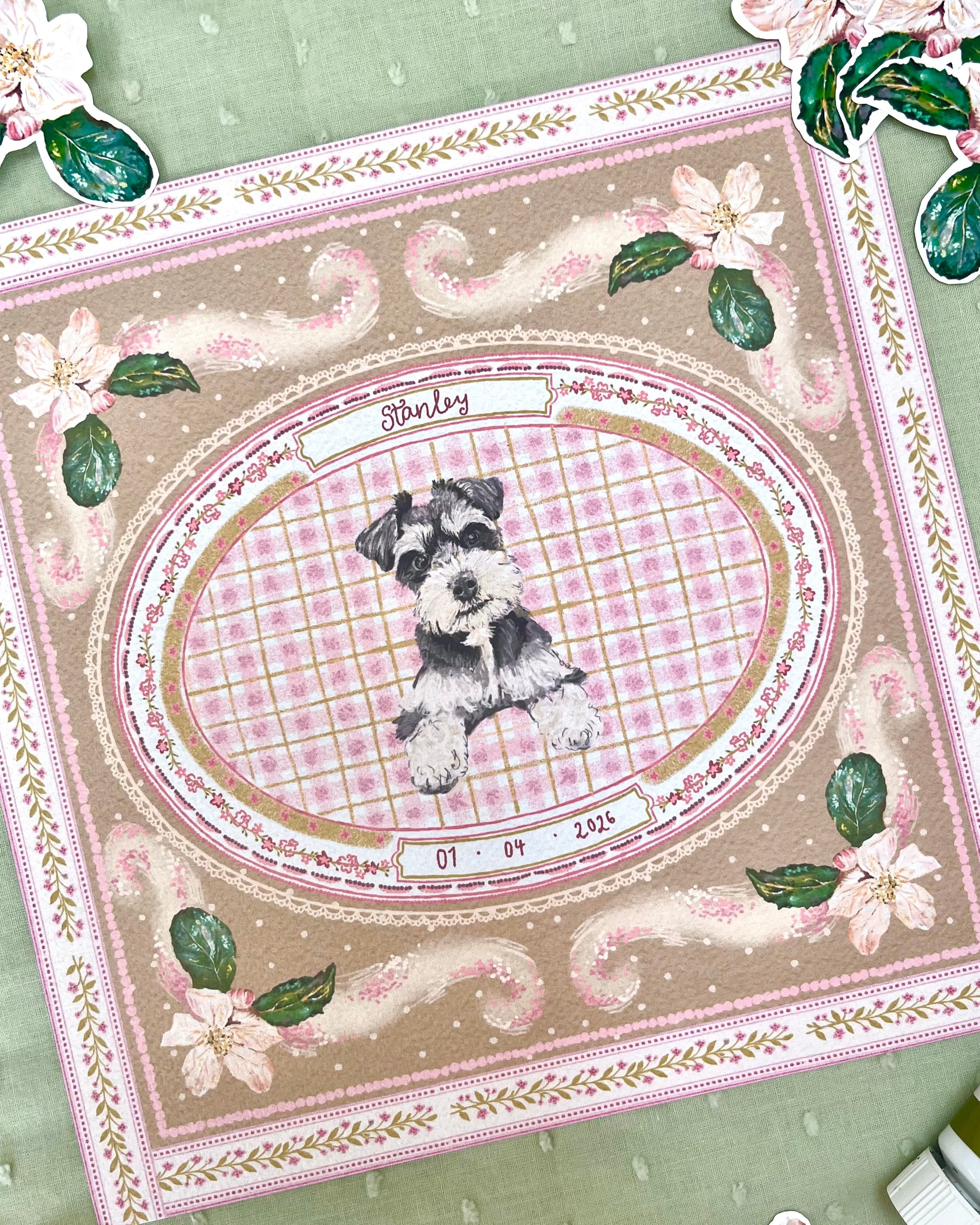 "Pink & Green Forget-me-not" Hand-Illustrated Personalised Pet Memorial Portrait Print