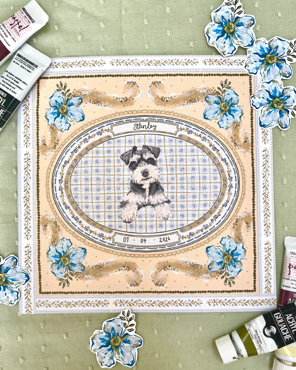"Blue & Yellow Forget-me-not" Hand-Illustrated Personalised Pet Memorial Portrait Print