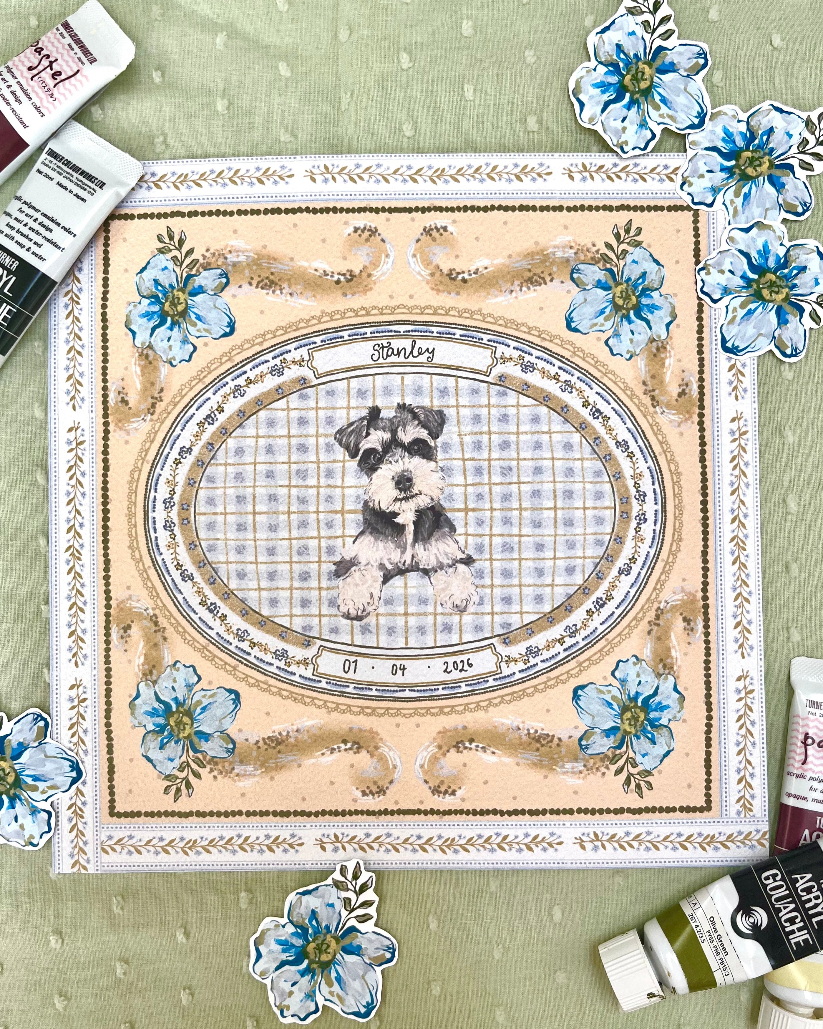 "Blue & Yellow Forget-me-not" Hand-Illustrated Personalised Pet Memorial Portrait Print