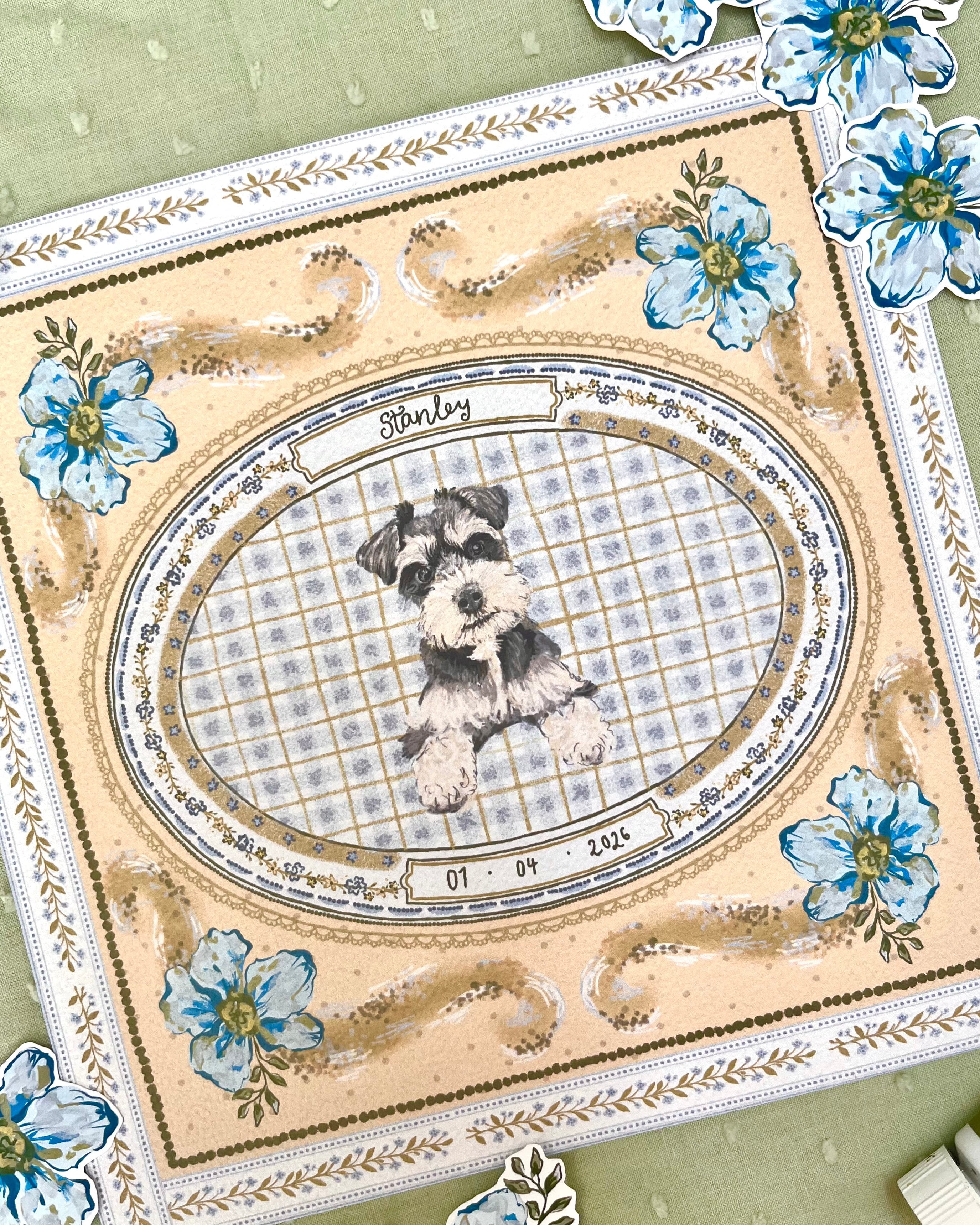 "Blue & Yellow Forget-me-not" Hand-Illustrated Personalised Pet Memorial Portrait Print