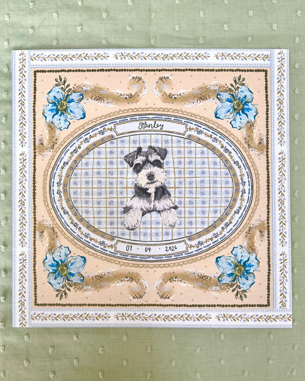 "Blue & Yellow Forget-me-not" Hand-Illustrated Personalised Pet Memorial Portrait Print