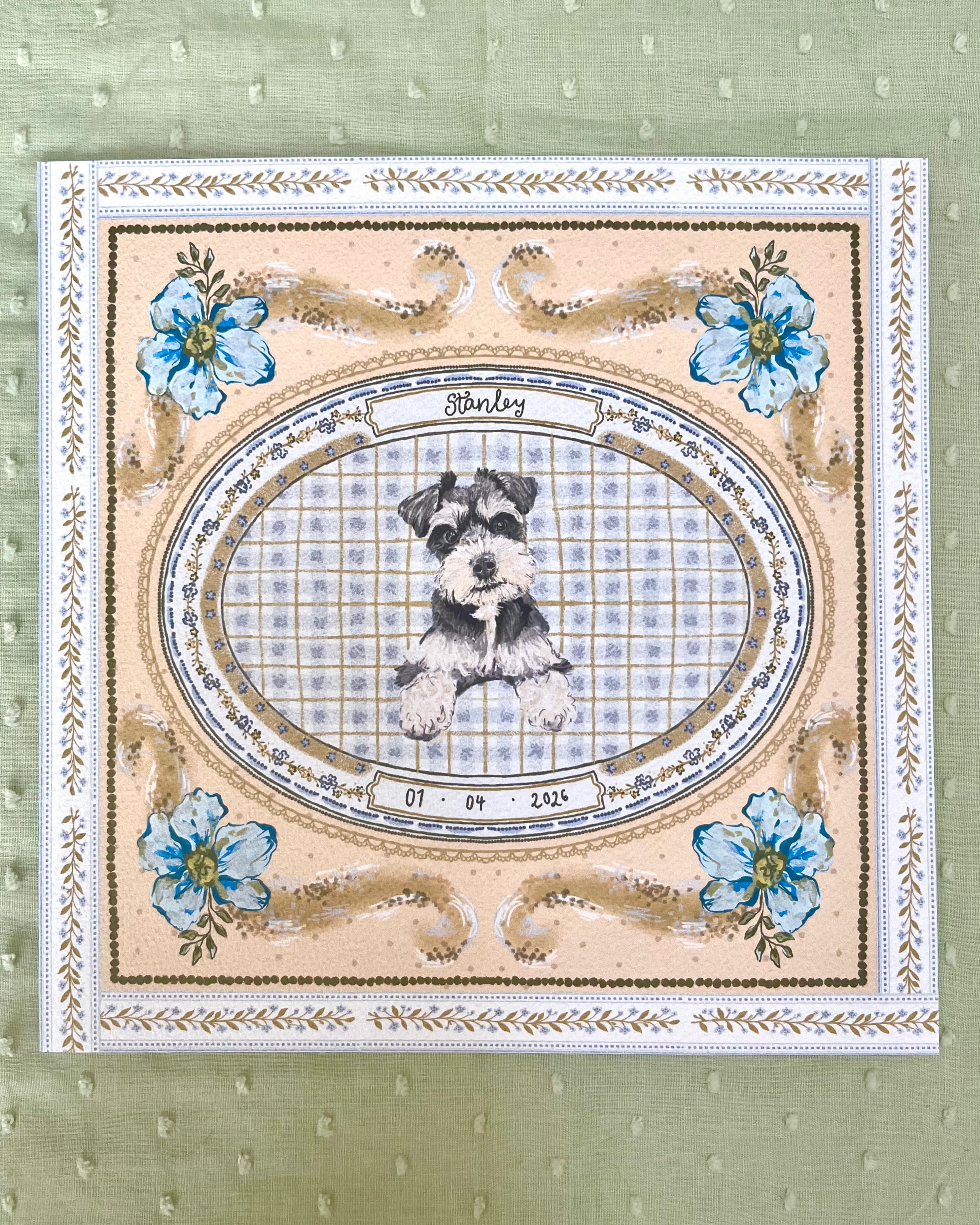 "Blue & Yellow Forget-me-not" Hand-Illustrated Personalised Pet Memorial Portrait Print