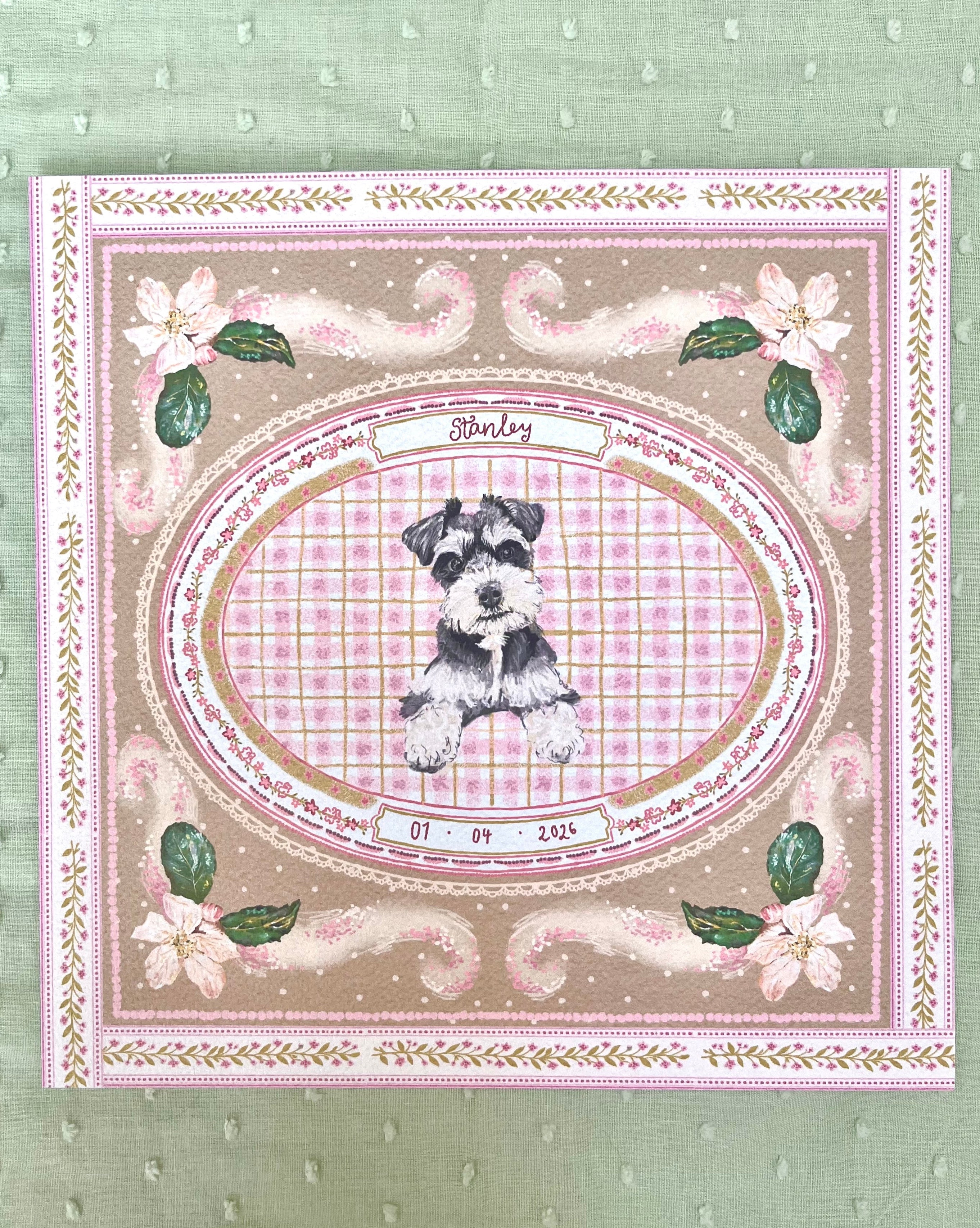 "Pink & Green Forget-me-not" Hand-Illustrated Personalised Pet Memorial Portrait Print
