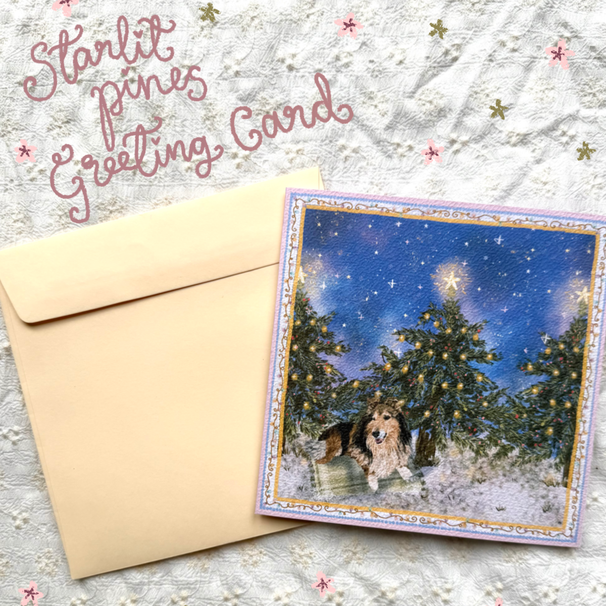"Starlit Pines" Sable & White Rough Collie Christmas Greeting Card