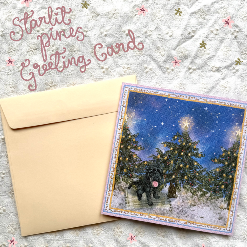 "Starlit Pines" Black Labradoodle Christmas Greeting Card