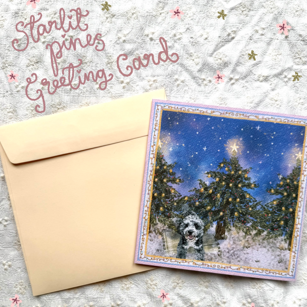 "Starlit Pines" Blue Merle Cockapoo Christmas Greeting Card