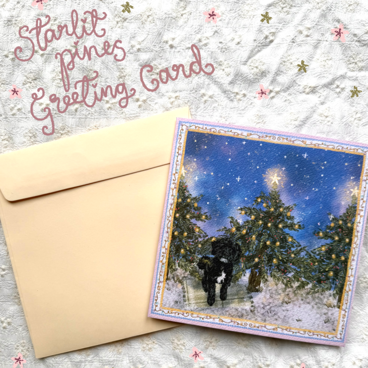 "Starlit Pines" Black & White Shih-Poo (Shih Tzu x Poodle Mix) Christmas Greeting Card