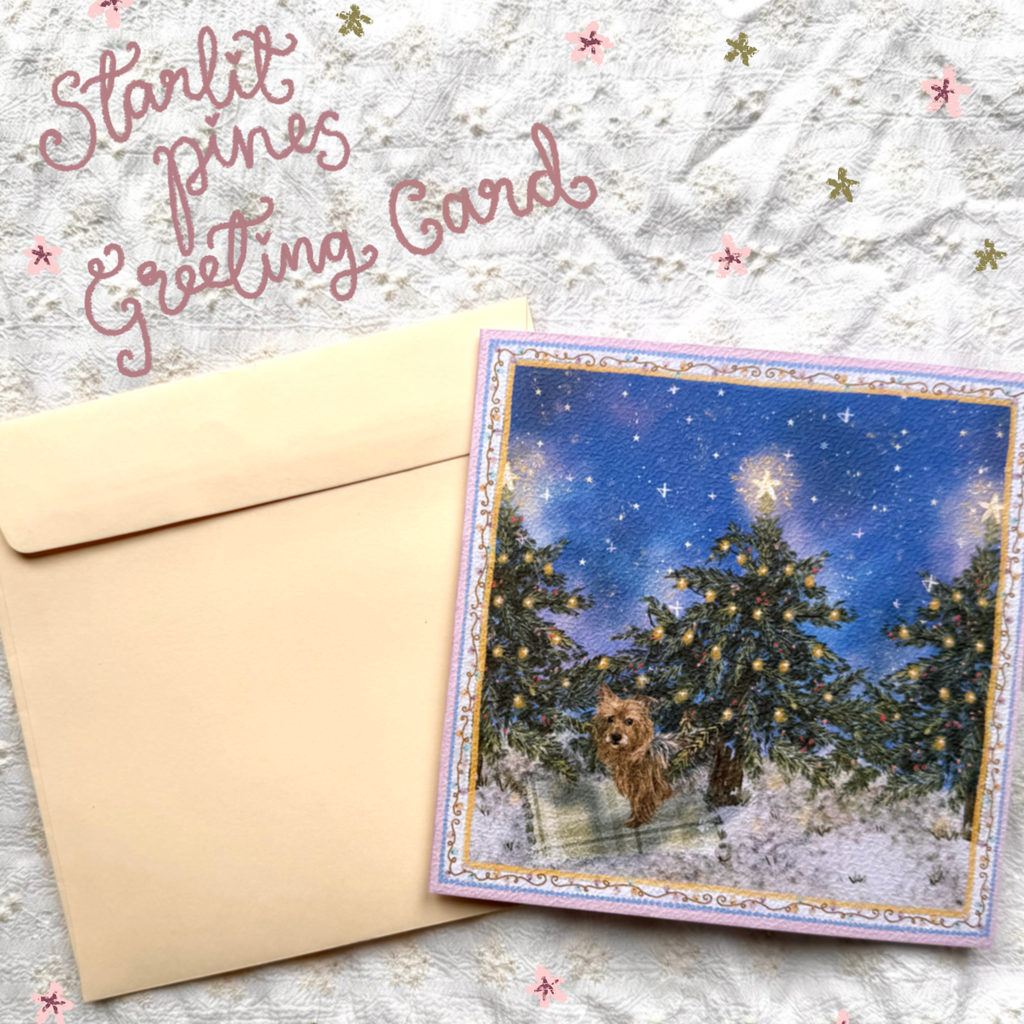 "Starlit Pines" Blue & Tan Yorkshire Terrier Christmas Greeting Card