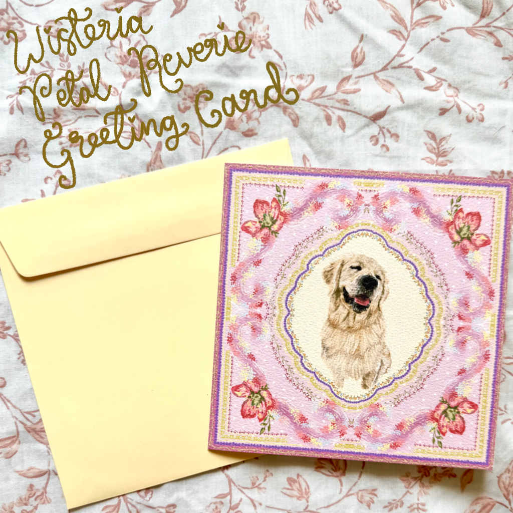 "Wisteria Petal Reverie" English Cream Golden Retriever Greeting Card