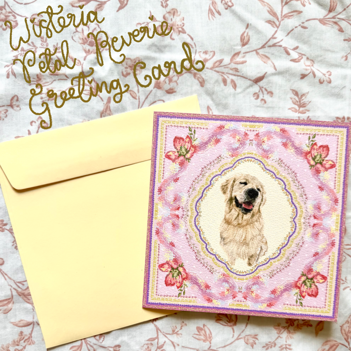 "Wisteria Petal Reverie" English Cream Golden Retriever Greeting Card
