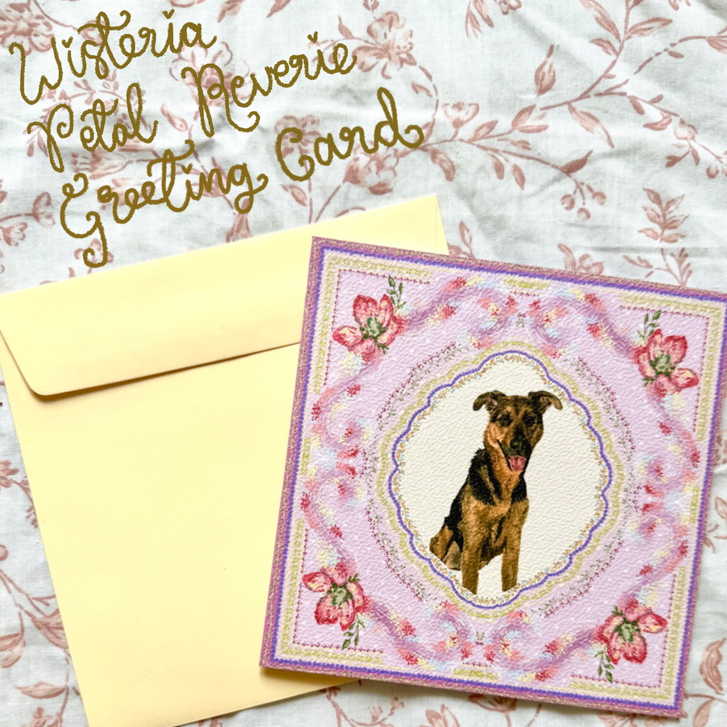 "Wisteria Petal Reverie" Black & Tan German Shepherd Mix Greeting Card