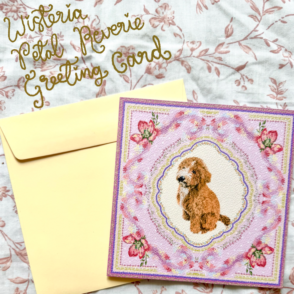 "Wisteria Petal Reverie" Apricot & White Goldendoodle Greeting Card