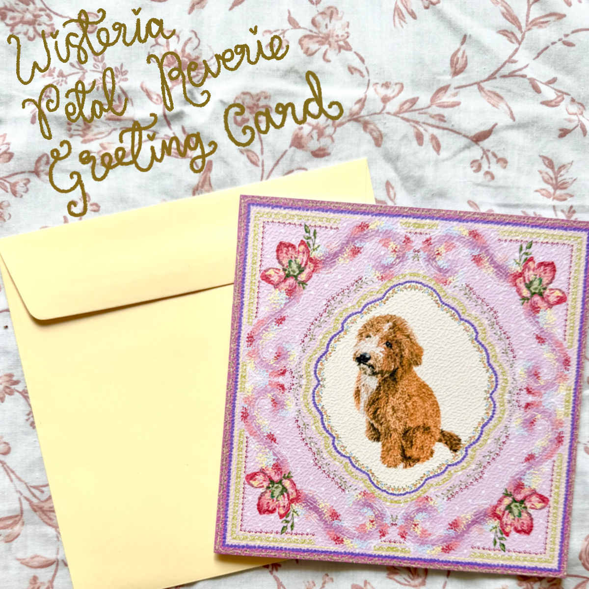 "Wisteria Petal Reverie" Apricot & White Goldendoodle Greeting Card