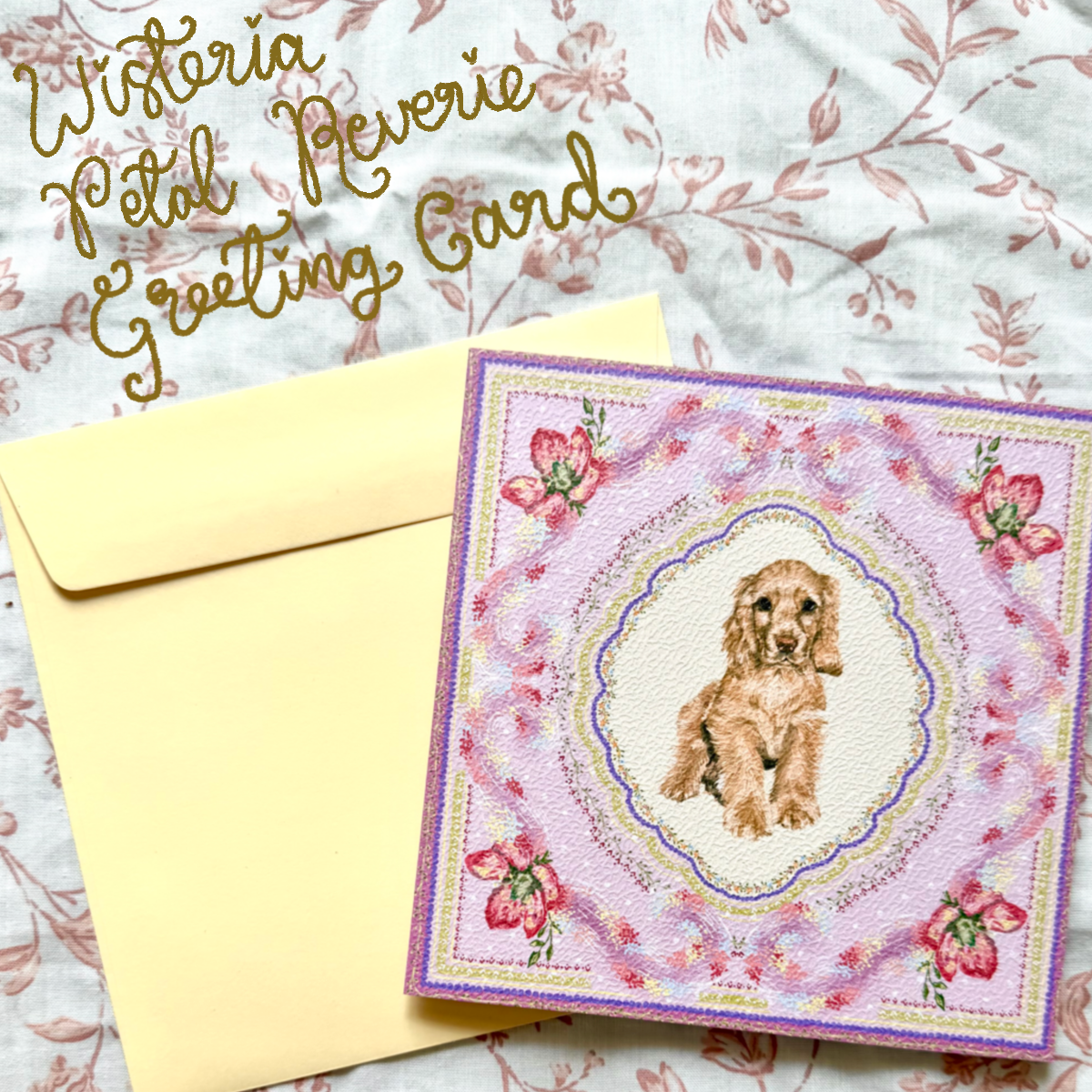 "Wisteria Petal Reverie" Golden English Cocker Spaniel Greeting Card