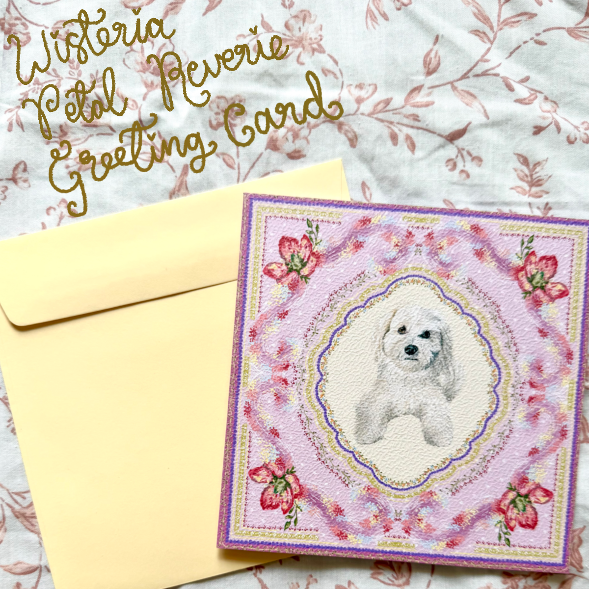 "Wisteria Petal Reverie" Cream Maltipoo (Maltese x Poodle Mix) Greeting Card