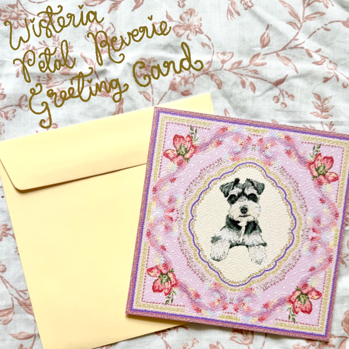 "Wisteria Petal Reverie" Miniature Salt & Pepper Schnauzer Greeting Card