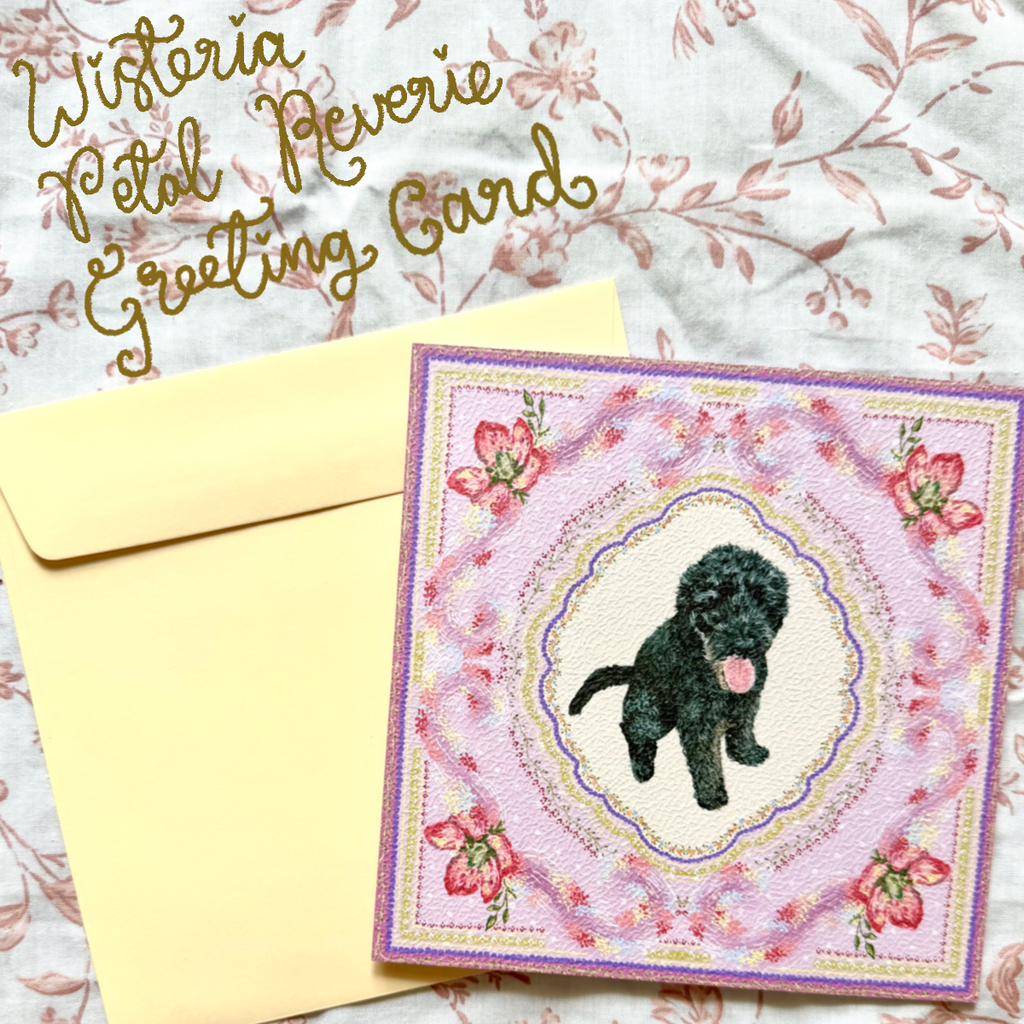 "Wisteria Petal Reverie" Black Labradoodle Greeting Card