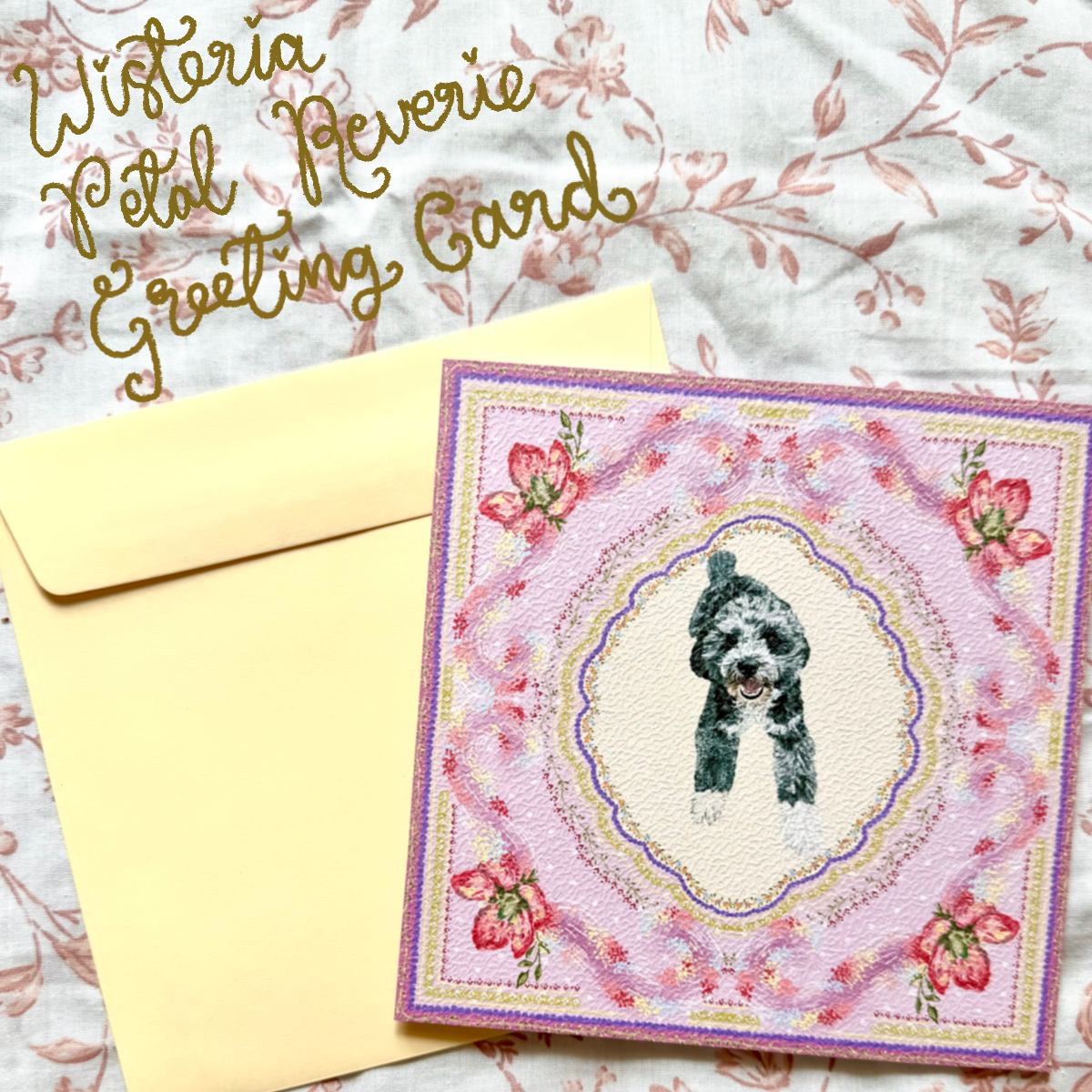 "Wisteria Petal Reverie"Blue Merle Cockapoo Greeting Card