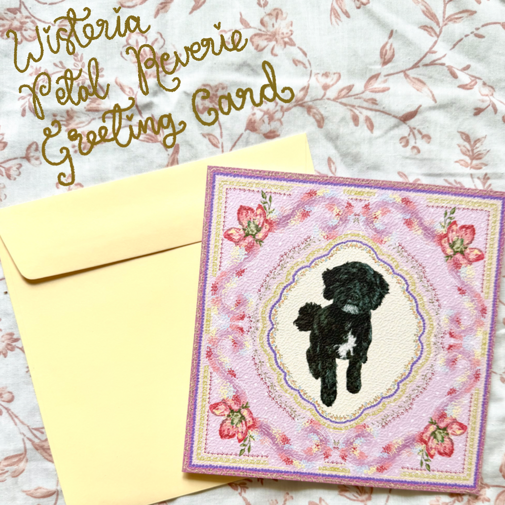 "Wisteria Petal Reverie" Black & White Shih-Poo (Shih Tzu x Poodle Mix) Greeting Card