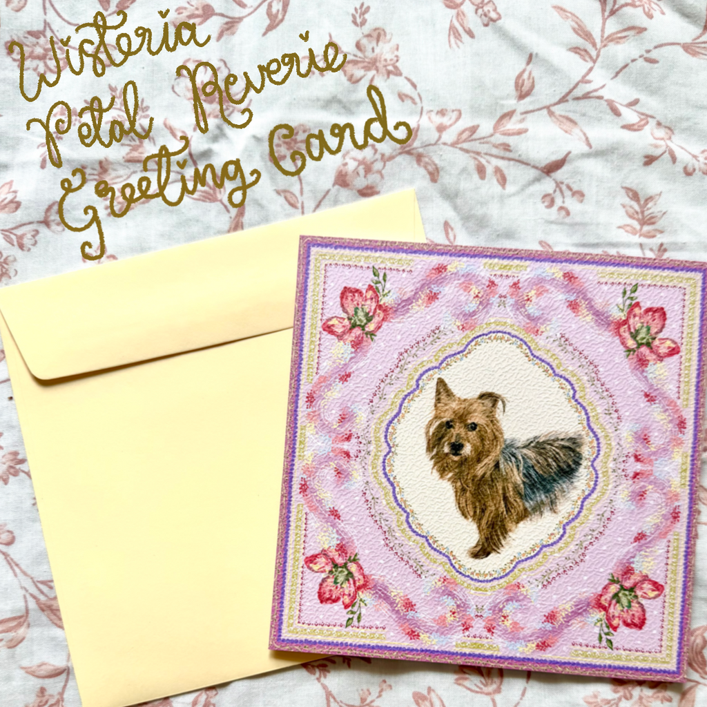 "Wisteria Petal Reverie" Blue & Tan Yorkshire Terrier Greeting Card