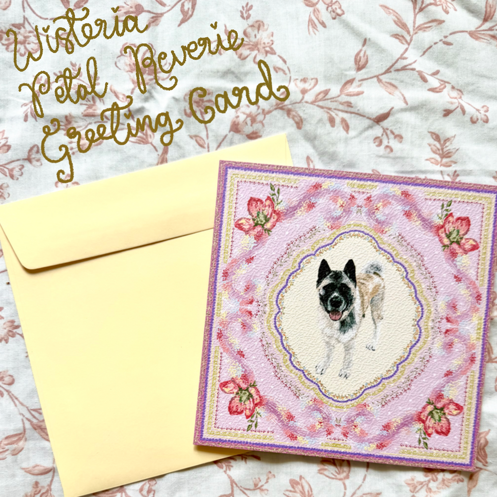 "Wisteria Petal Reverie" Silver & White (with Black Mask) American Akita Greeting Card