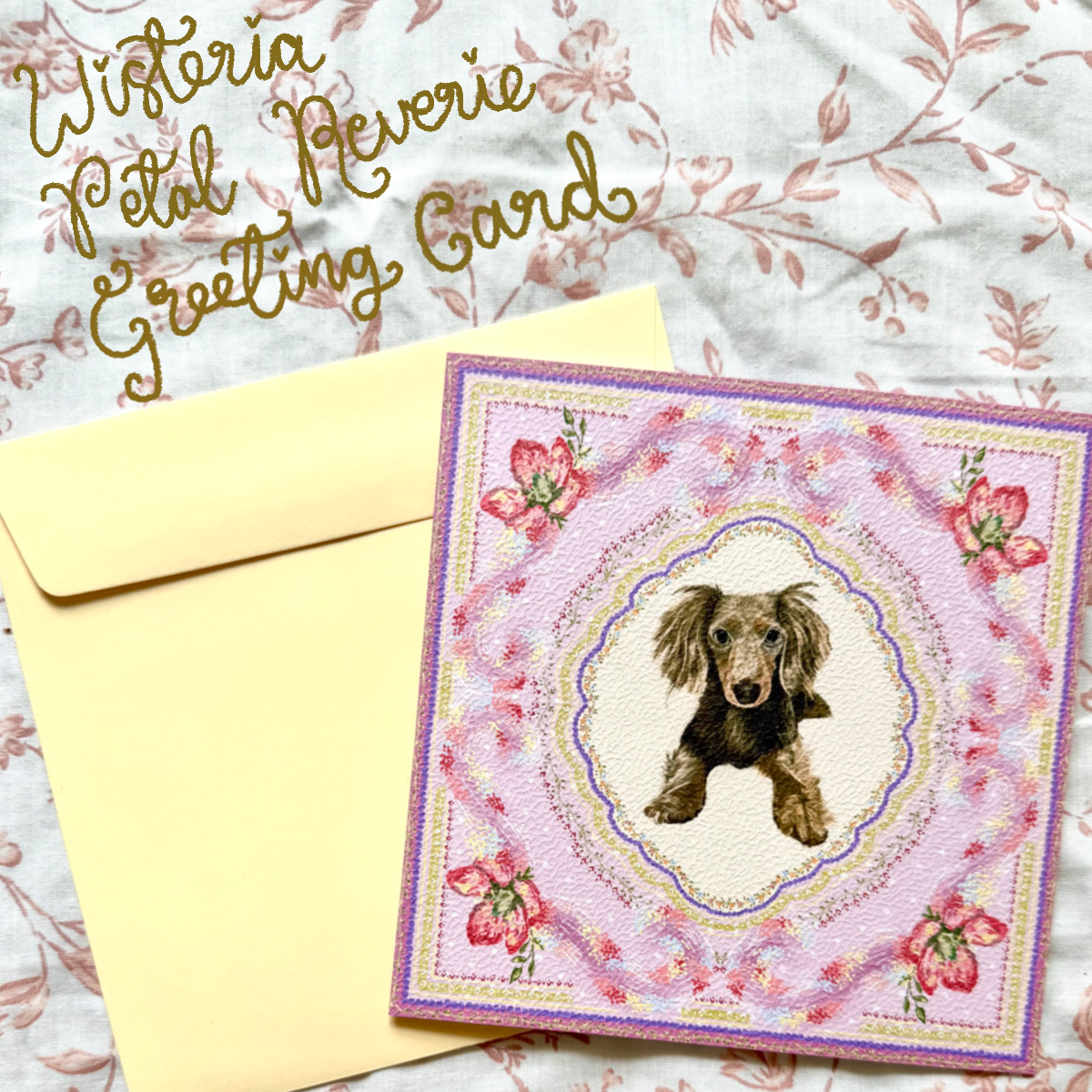 "Wisteria Petal Reverie" Chocolate Dapple Long-Haired Dachshund Greeting Card